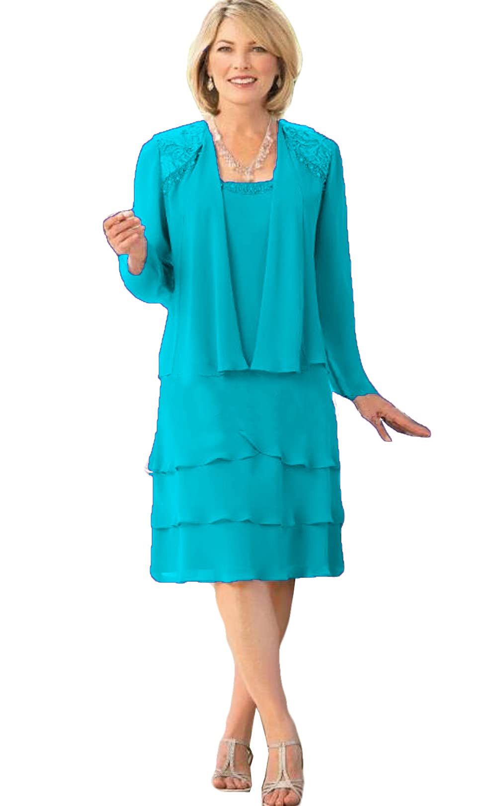 Elegant Peachess Women's Chiffon Knee-Length Mother of The Bride Dress with Jacket - Layered Wedding Guest Gown for Formal Occasions, Evening Parties & Special Events