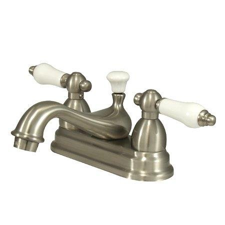 Stylish Centerset Bathroom Faucet with Double Porcelain Lever Handles in Satin Nickel Finish - Perfect for Modern Bathroom Vanities and Powder Rooms