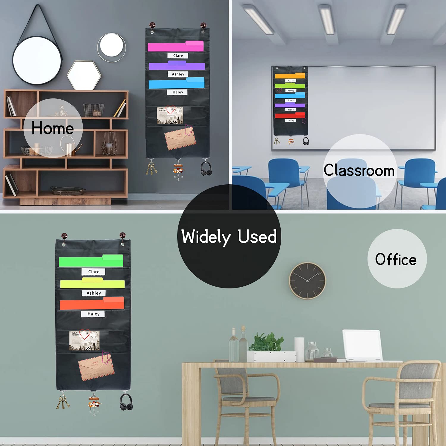 5-Pocket Hanging File Organizer - Wall Mount Paper Storage for Office, Classroom & Home - Includes 3 Wire Hooks, 2 Over-Door Hangers & 10 Fun Paper Clips - Perfect for Bills, Documents & School Supplies Organization