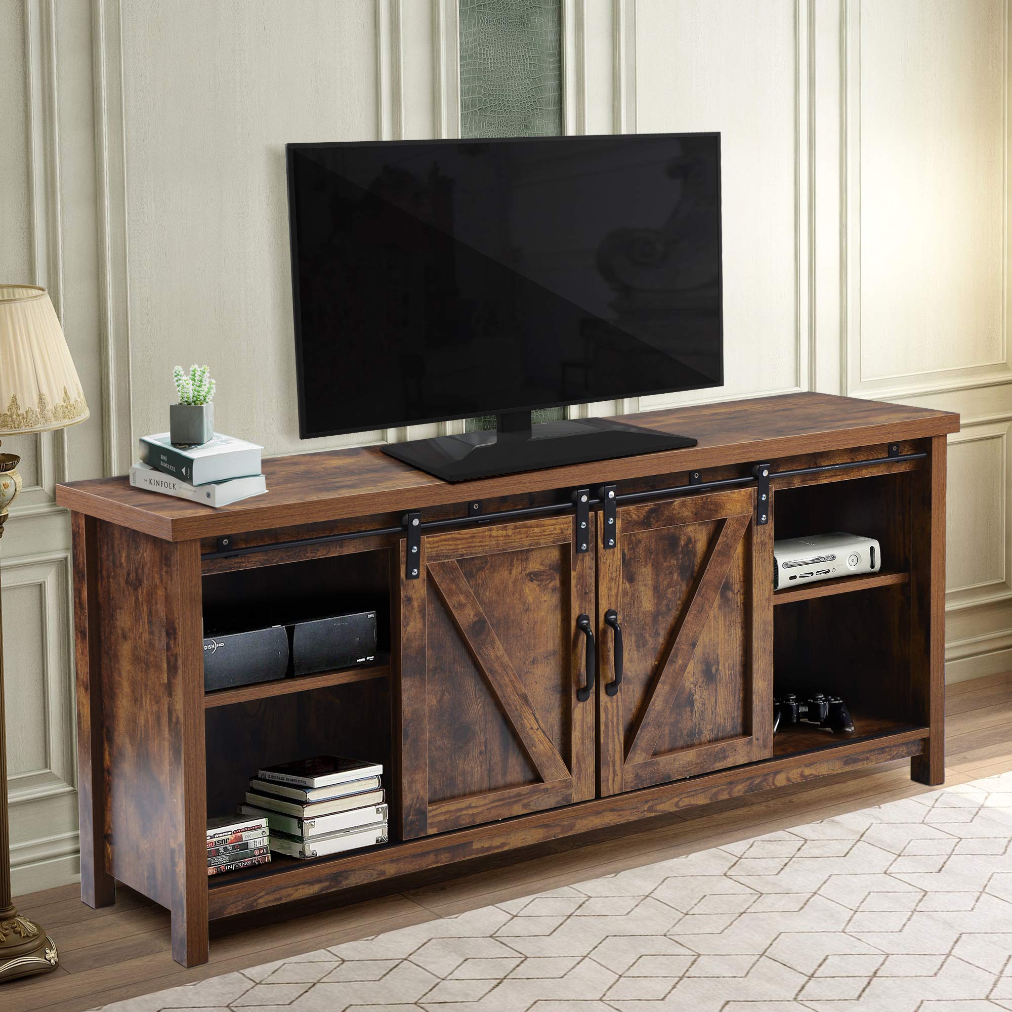 Farmhouse Wood TV Stand with Double Sliding Barn Doors & Open Shelves - Rustic Entertainment Center & Storage Cabinet for Living Room, Bedroom, or Home Office | Perfect for Organizing Media & Displaying Decor (Yellow+1)