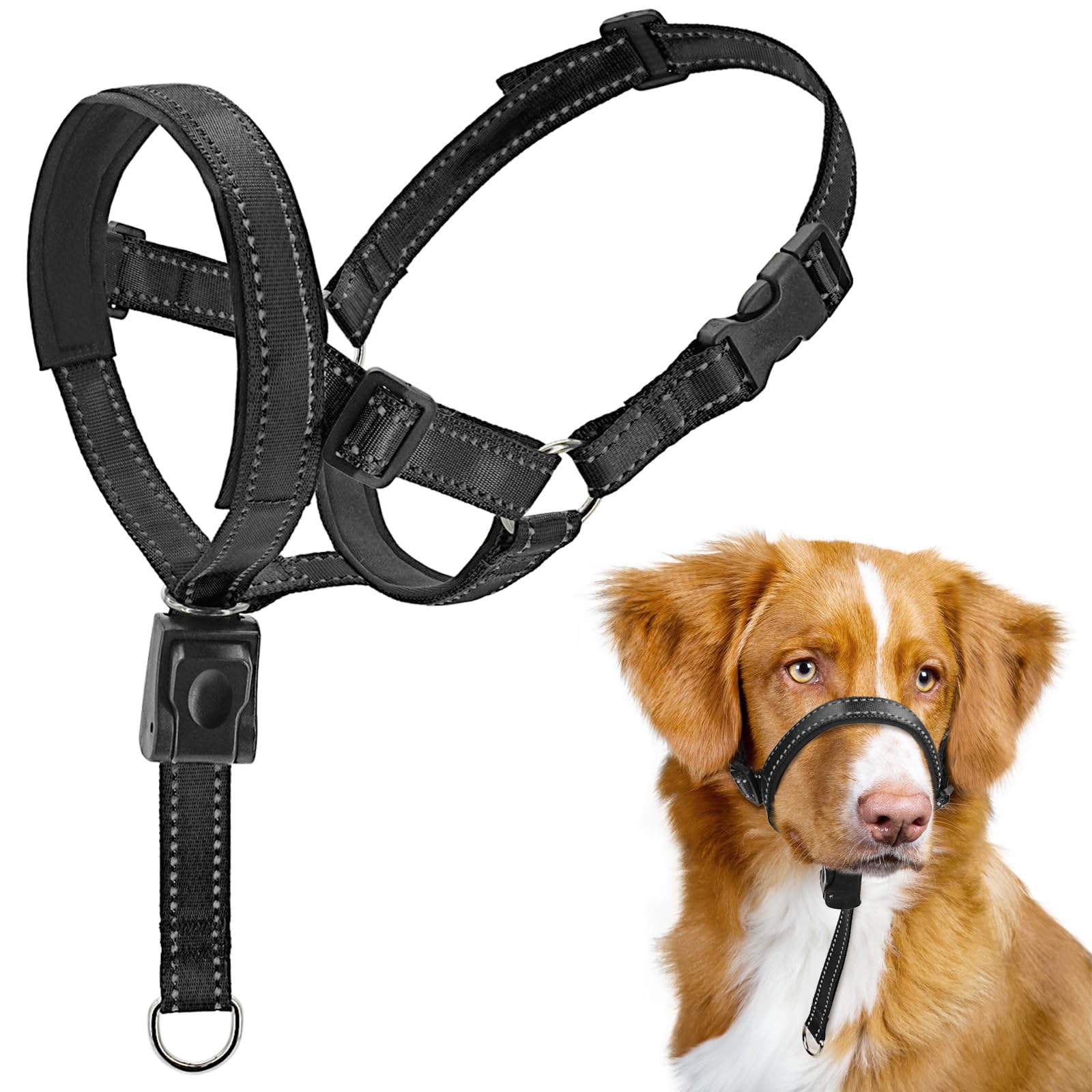 No Pull Gentle Leader Soft Padded Dog Head Halter Collar - Adjustable Pet Training Leash for Small Medium Large Dogs - Reflective Walking Aid for Better Control (Black) - Perfect for Daily Walks, Obedience Training & Behavioral Correction