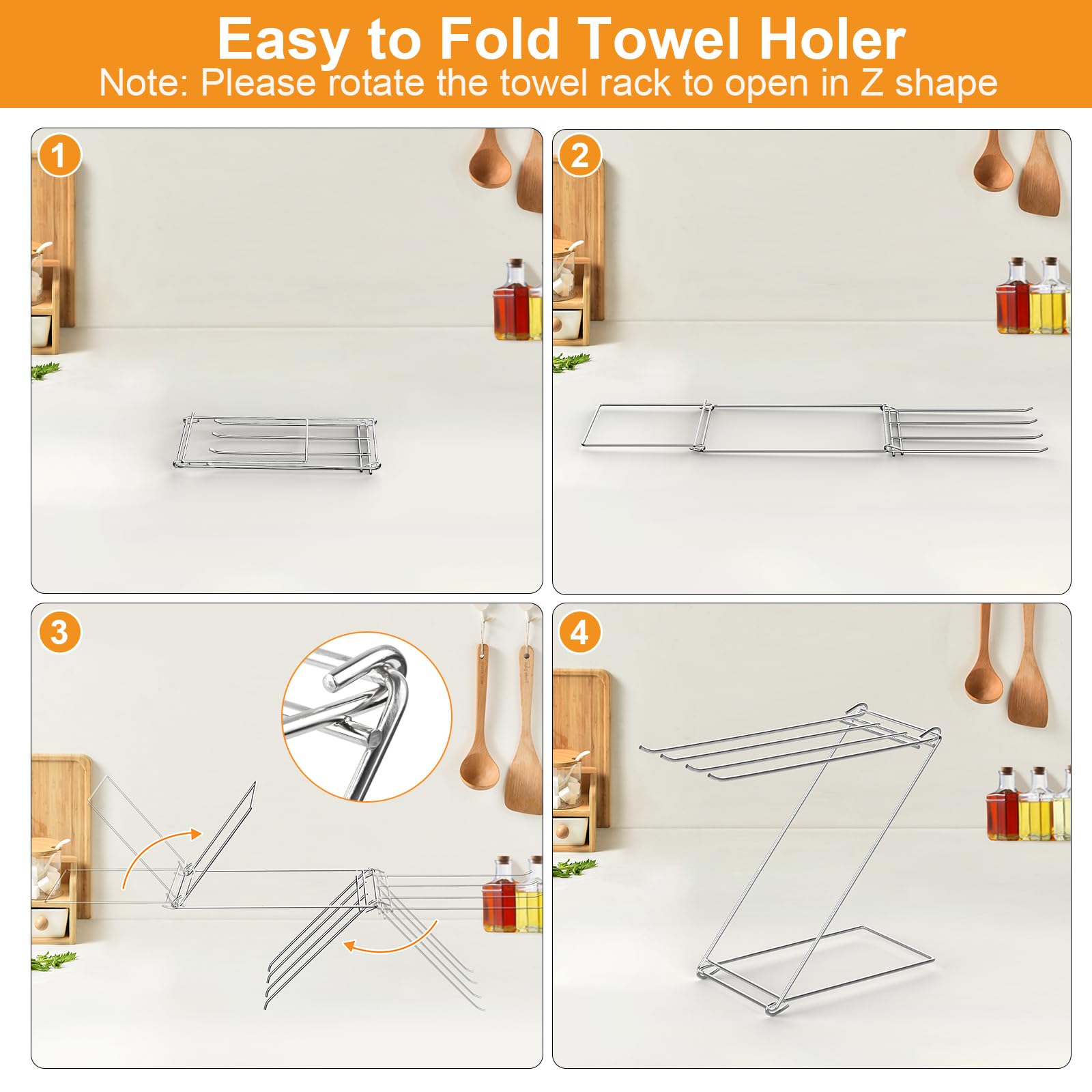 4-Arm Z-Shaped Folding Kitchen Towel Holder Stand - Free Standing Countertop Dish Towel Rack for Bathroom & Kitchen - Hand Towel & Washcloth Drying Organizer - Perfect for Drying Dishes, Napkins & Cleaning Cloths After Cooking or Washing