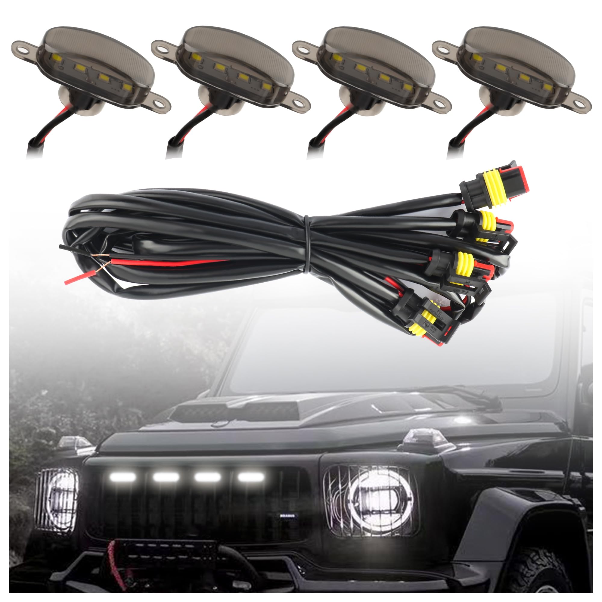 4-in-1 Soft Amber LED Grill Lights for Trucks with Wiring Harness Kit - Flush Mount Front Grill Lights with Lenses Compatible with Ford F150 F250 F350 (White) - Perfect for Off-Roading, Night Driving & Truck Customization