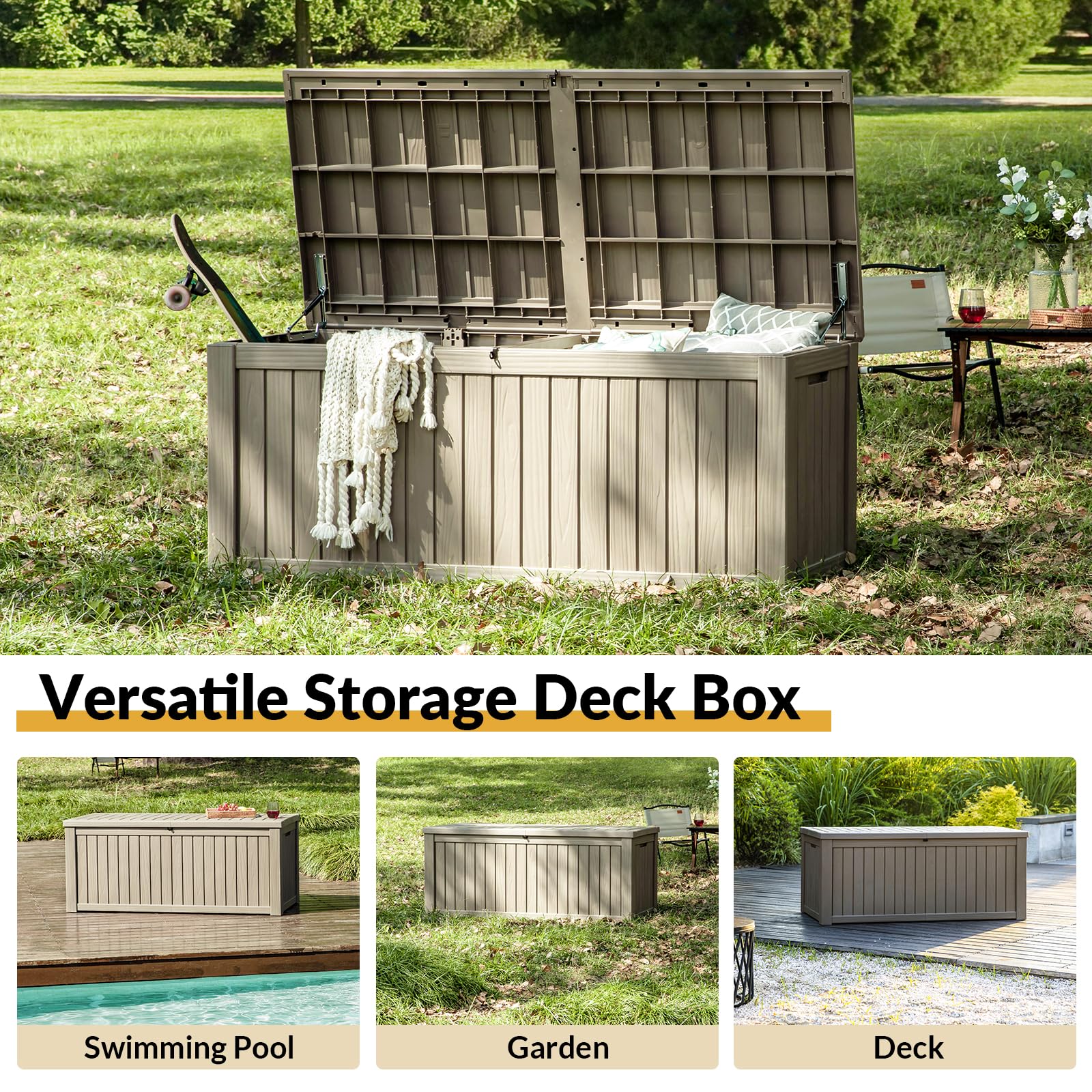 **150 Gallon Large Deck Storage Box - Waterproof & Lockable Outdoor Storage for Cushions, Garden Tools, Patio Furniture | Perfect for Backyard, Deck & Poolside Organization**