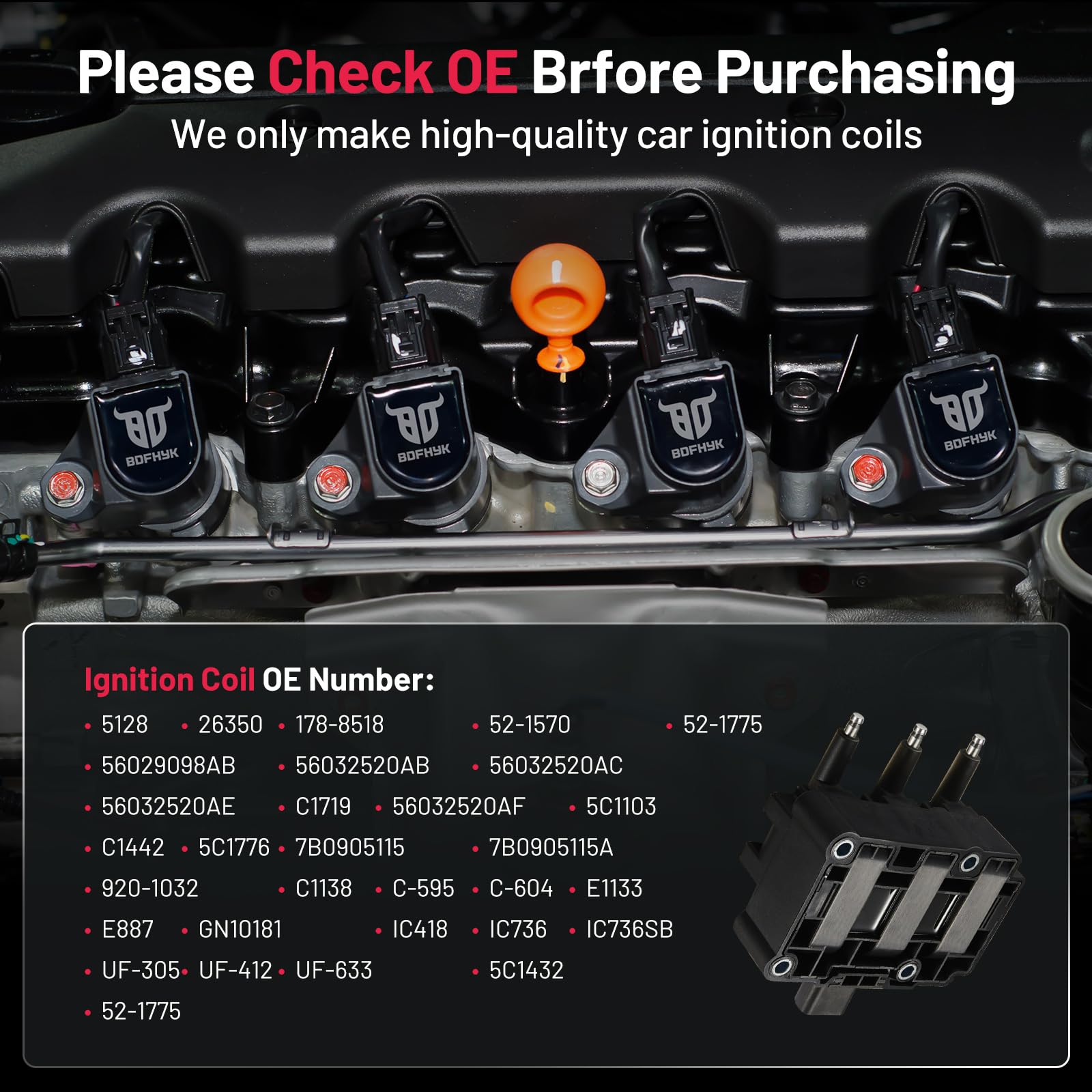 BDFHYK Ignition Coil Pack UF305 - Compatible with Chrysler Pacifica, Town & Country, Voyager, Dodge Caravan, Grand Caravan, Jeep Wrangler, Volkswagen Routan 3.3L 3.8L V6 - Replacement for C1442 UF412 - High Performance Engine Ignition Part for Smoother Acceleration & Better Fuel Efficiency