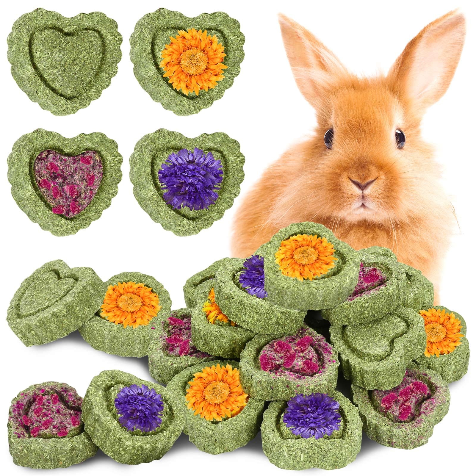 20PCS Bunny Chew Toys for Rabbits - Organic Timothy Hay Cakes for Small Pets Like Chinchillas, Hamsters & Guinea Pigs - Natural Teeth Care Chew Toys for Dental Health - Perfect for Cage Enrichment and Playtime