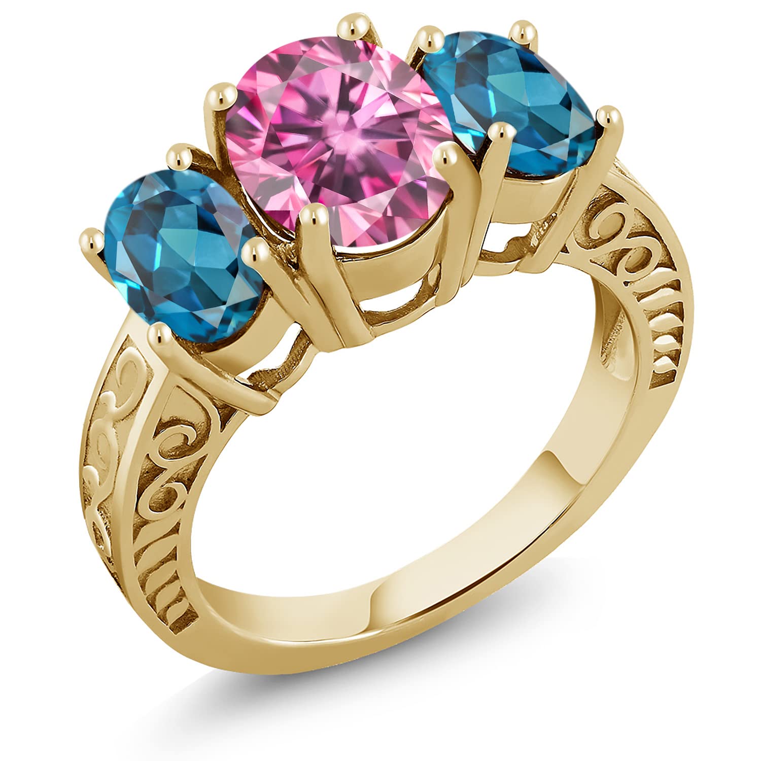 18K Yellow Gold Plated Silver 3-Stone Ring with Oval Pink Moissanite & London Blue Topaz (4.00 CTTW) - Elegant Jewelry for Engagement, Anniversary & Special Occasions | Gem Stone King