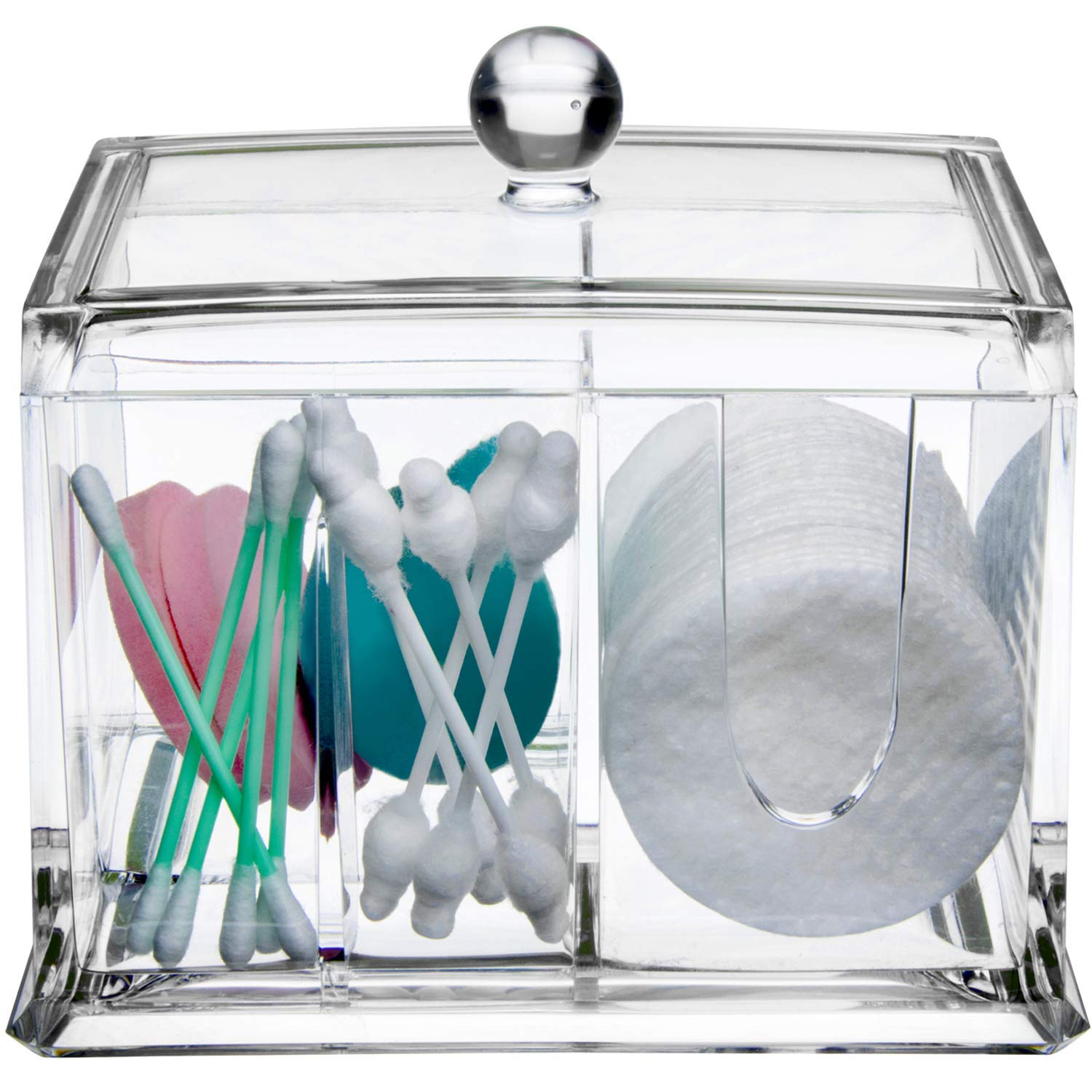 Premium Cotton Balls & Qtips Organizer - Makeup Storage Box with Lid & Dividers for Beauty Products, First Aid Supplies & Office Accessories | Perfect for Bathroom Vanity, Salon, Spa & Home Organization