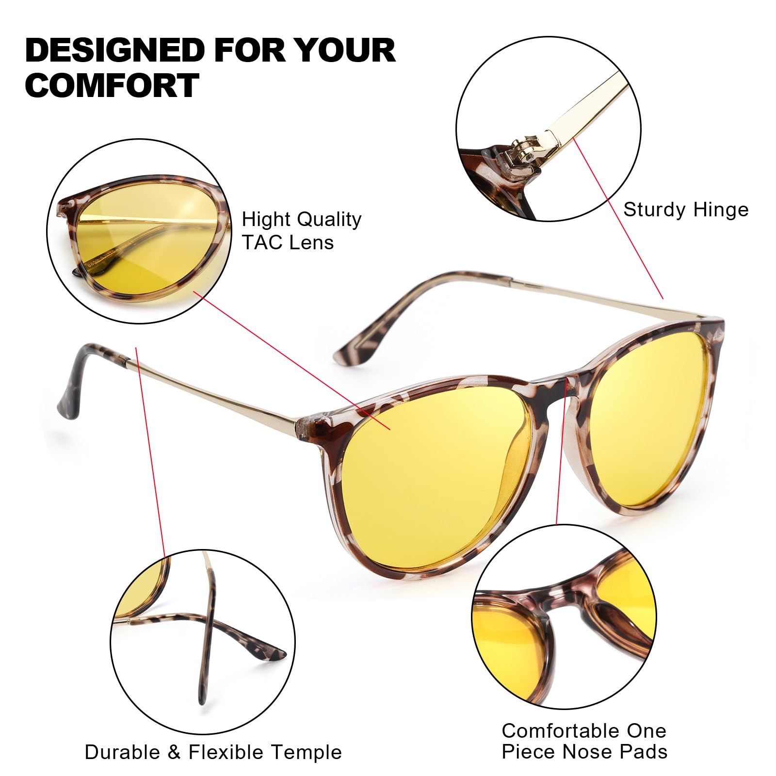 Night Vision Glasses for Driving - Anti Glare Polarized Yellow Lenses with UV400 Protection (IF8859) - Perfect for Night Driving, Foggy Conditions & Low Light Visibility