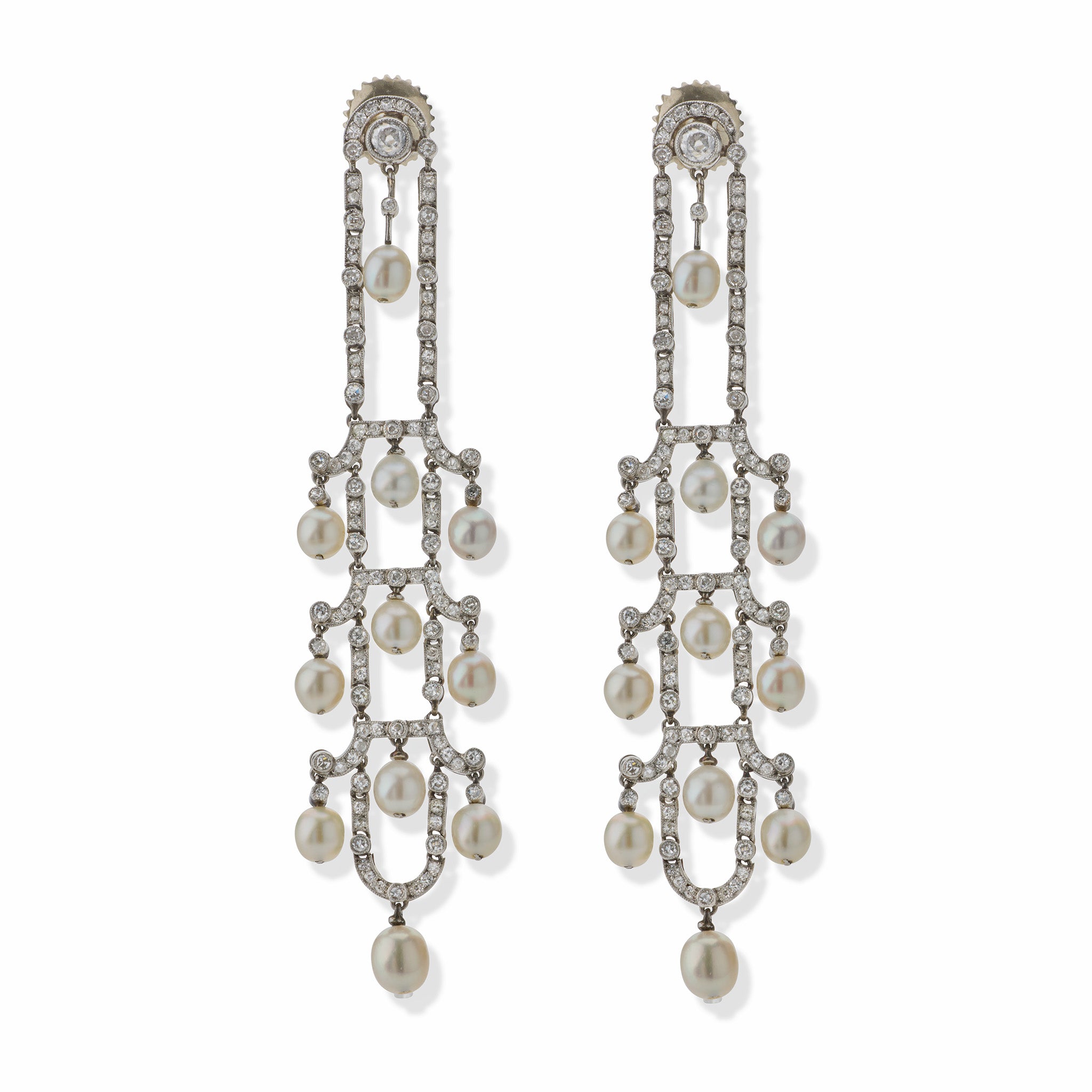 Vintage Art Deco Seed Pearl & Diamond Chandelier Earrings – Elegant Dangle Drop Earrings for Weddings, Parties & Formal Events