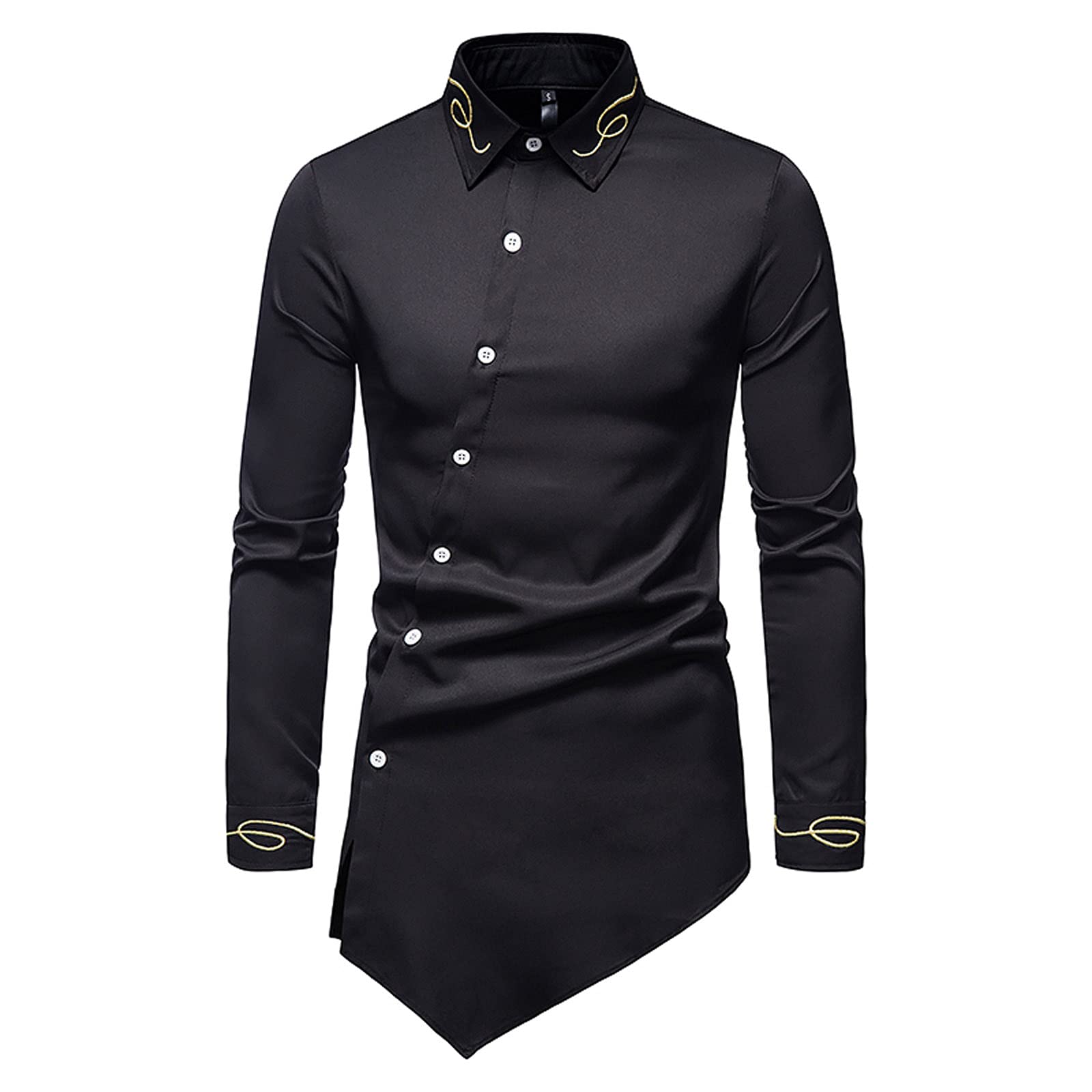Stylish Routinfly Men's Slim Fit Long Sleeve Dress Shirt - Hipster Dashiki Embroidery Casual Top, Asymmetric Blouse Tunic & Denim Shirt | Perfect for Office, Party & Casual Outings