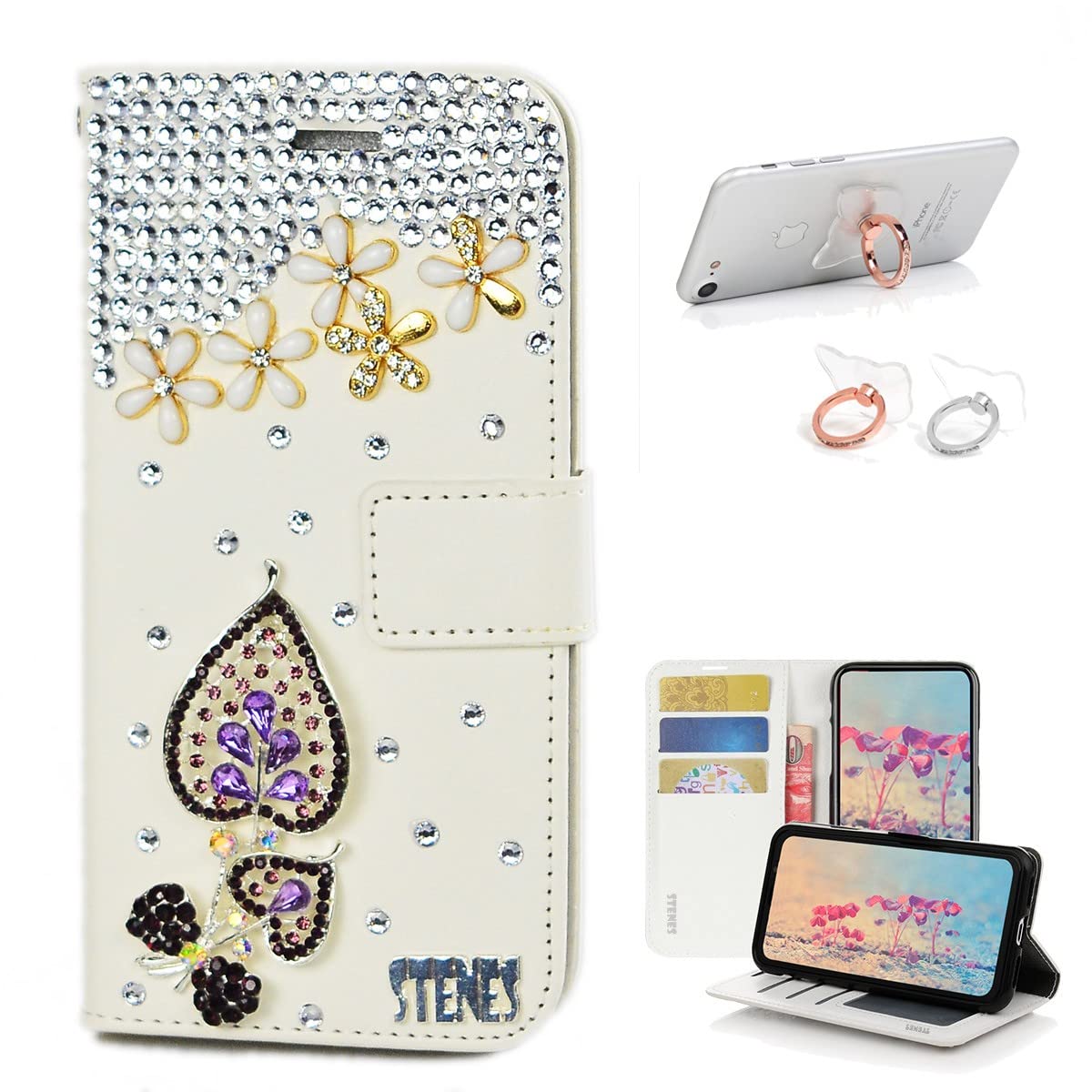 STENES Bling Wallet Phone Case for LG K51 - 3D Floral Leather Cover with Card Holder & Ring Stand [2 Pack] - Stylish Purple - Perfect for Women, Girls, Daily Use & Gift Giving