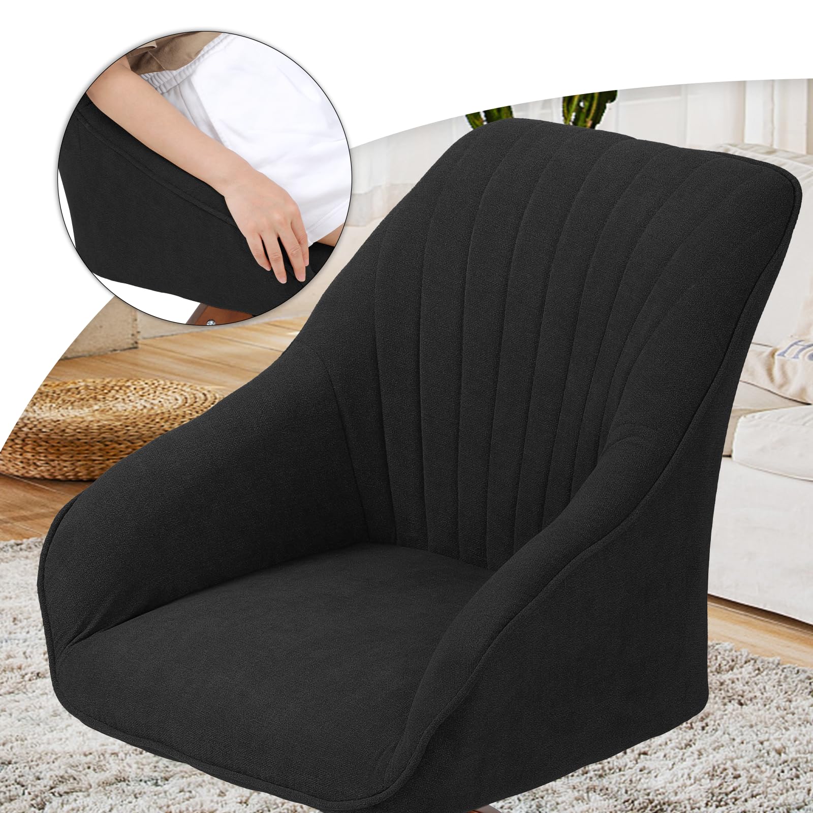MoNiBloom 360° Swivel Accent Chair - Modern Velvet Upholstered Armchair with Wooden Legs for Office, Living Room & Bedroom - Black | Perfect for Home Office, Reading Nook & Lounge Areas
