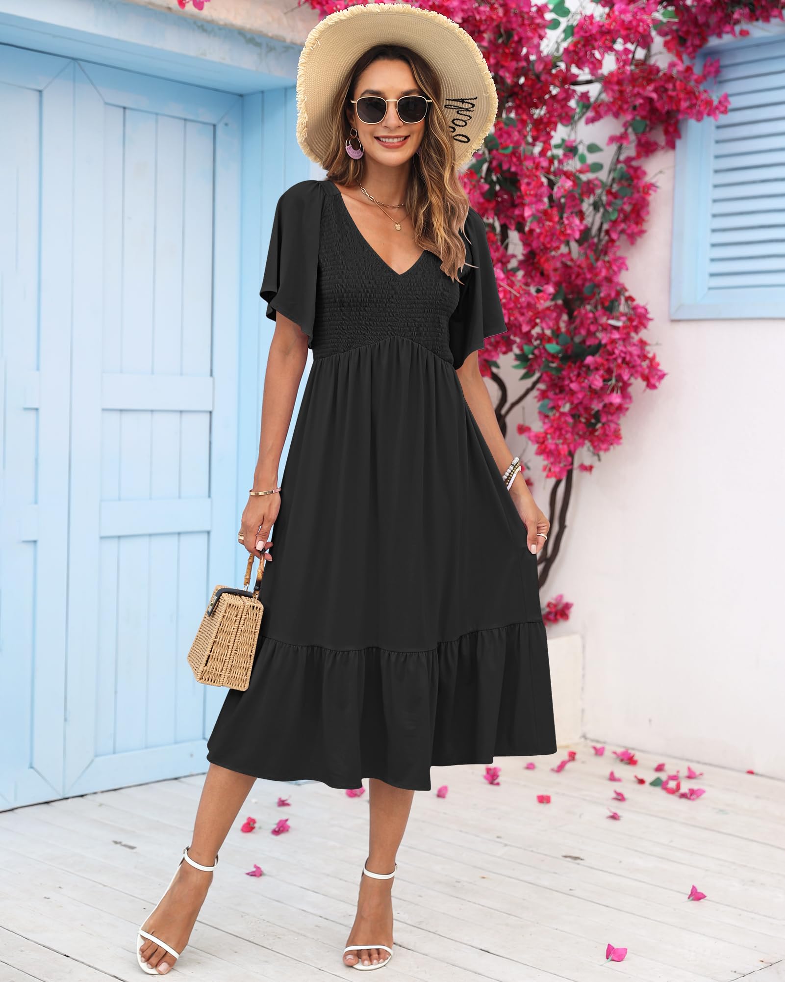 AUSELILY Women's Summer Floral Empire Waist Dress - Smocked Bodice, Flutter Short Sleeve, V-Neck Midi Dress for Beach, Vacation & Casual Wear | 2025 New Collection