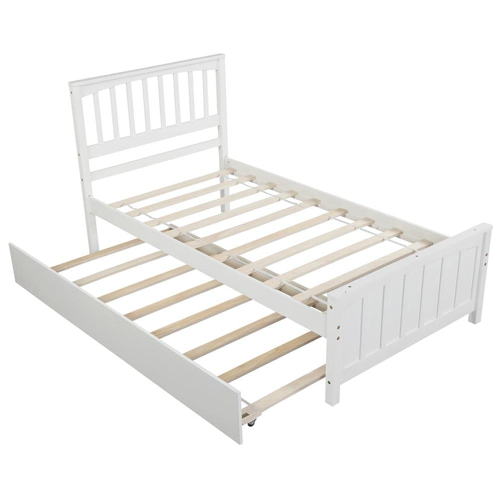 White Double Bed Frame with Rollers - Wooden Platform Bed Frame - Simple & Spacious Design - Easy to Move - Perfect for Small Apartments, Guest Rooms & Dormitories