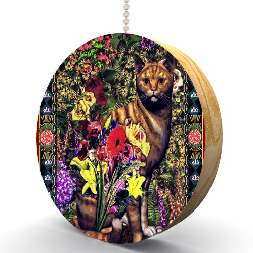 Premium Oak Wood Ceiling Fan Pull Chain with Floral Cat Design - Elegant Home Decor for Bedroom, Living Room, and Nursery