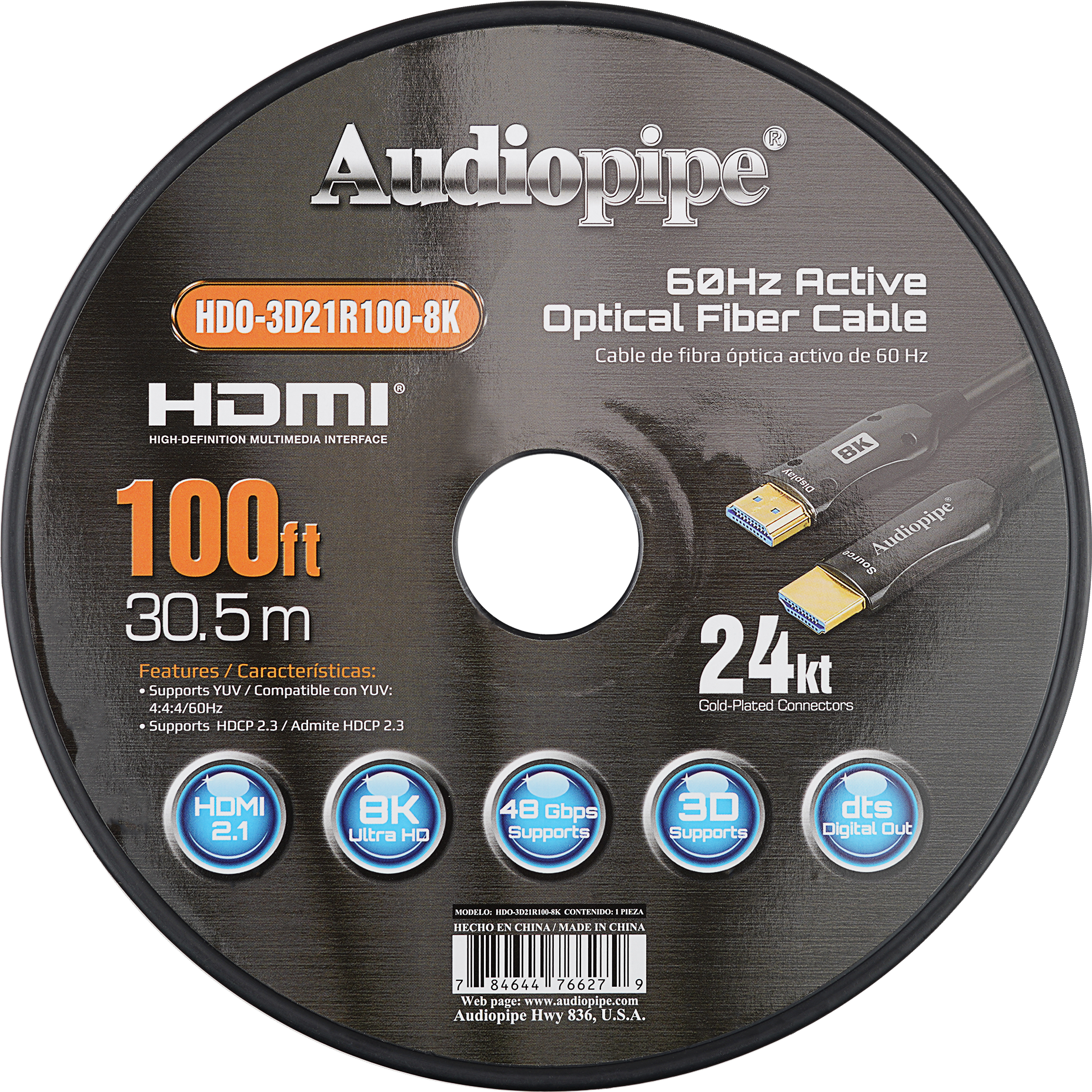 8K Ultra HD Active Optical Fiber HDMI Cable 100Ft - HDO 3D21R100 8K for Home Theater, Gaming & Professional AV Setups