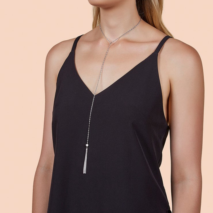 Before The Sunset Silver Lariat Necklace - Elegant Layered Chain for Women, Perfect for Date Night & Evening Events