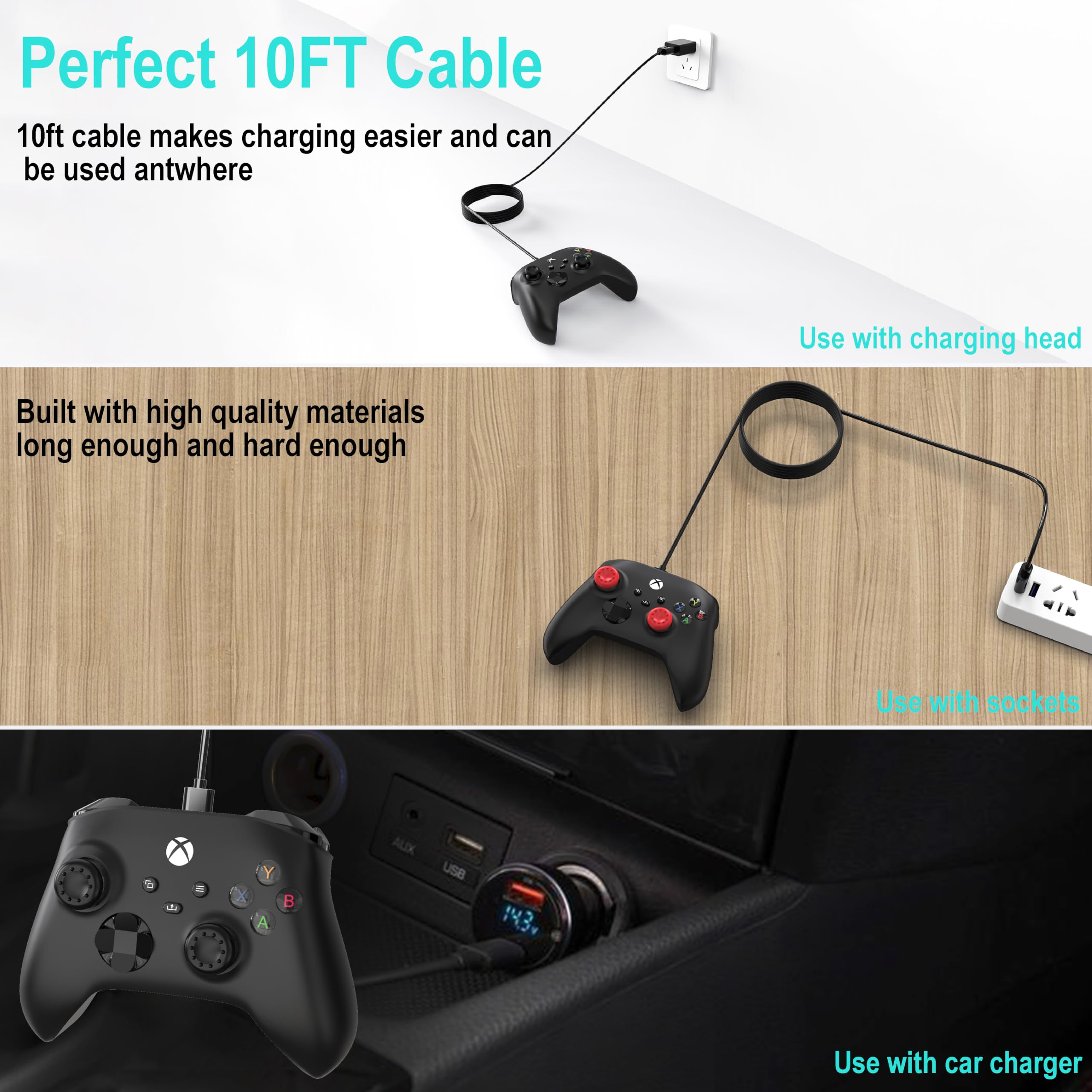 2 Pack 10FT Fast Charging Cable for PS5/Xbox/Switch - Gaming Controller Charger Cord for Playstation Portal, Xbox Series X/S, Nintendo Switch Pro/Lite - Perfect for Long Gaming Sessions