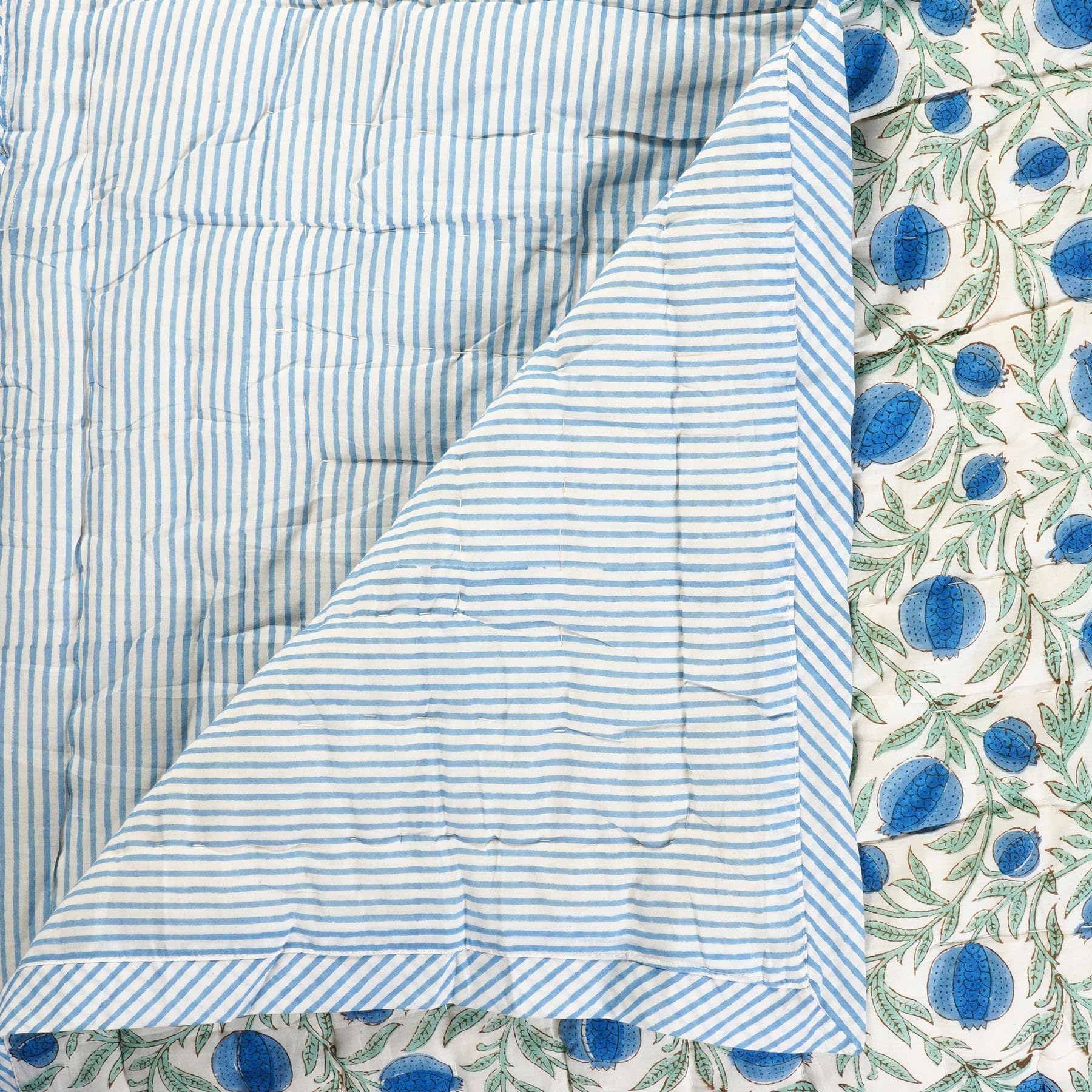 Ridhi Block Print Reversible Queen Size Throw Blanket - 100% Cotton Blue & Sage Quilted Cover for Bed & Couch - Luxury Oversized 90