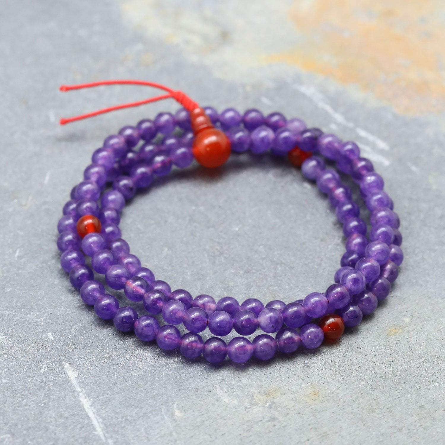 108 Beads Amethyst and Carnelian Mala Prayer Necklace - Meditation, Yoga & Spiritual Healing Jewelry for Stress Relief & Positive Energy