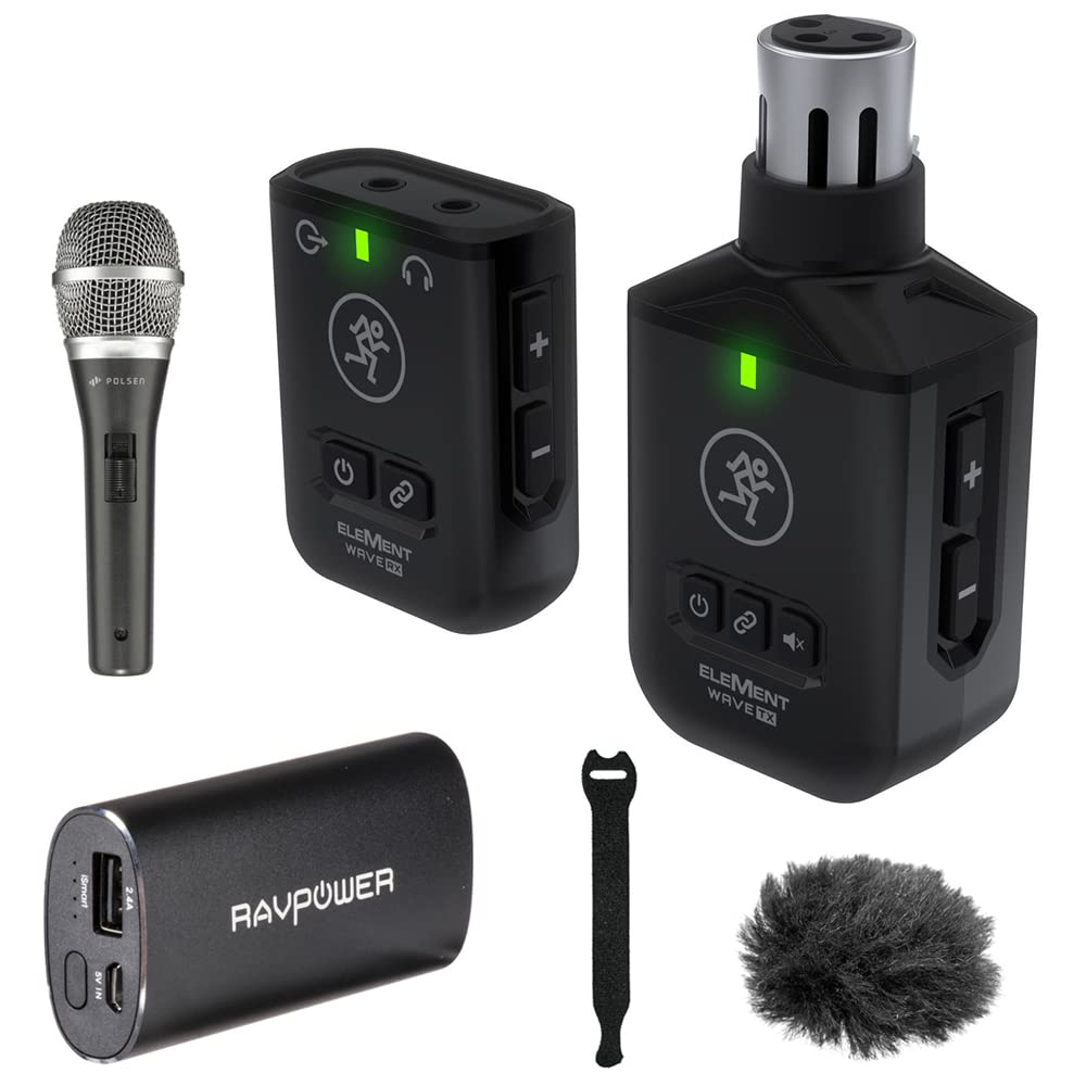 Mackie EleMent Wave XLR Compact Digital Wireless Plug-On Microphone System Bundle with RAVPower 6700mAh Battery, Polsen M-85 Pro Mic, Windbuster & Straps - Perfect for Podcasting, Live Streaming & Field Recording