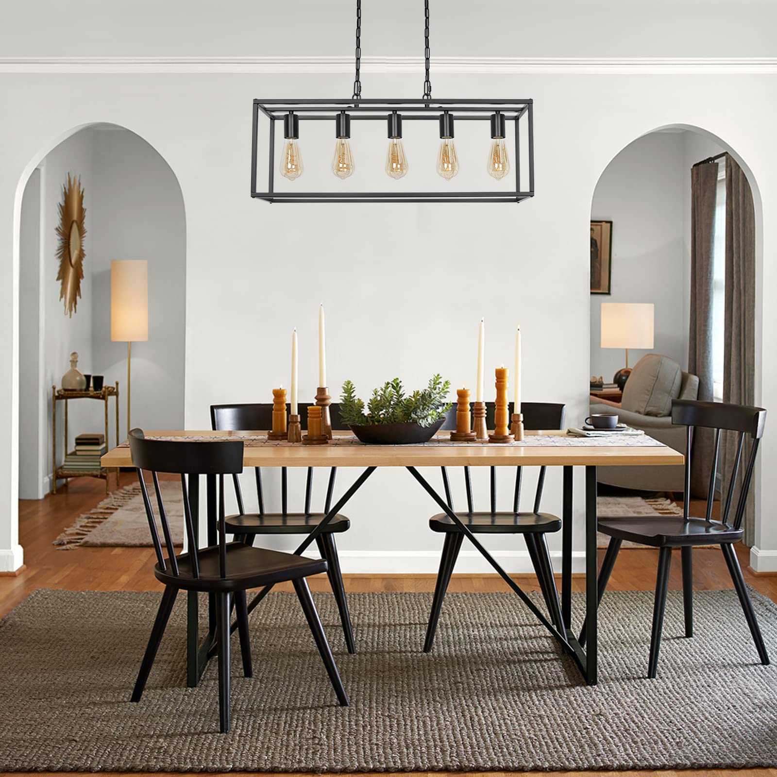 ZOSIMIO Black Farmhouse Plug-in Kitchen Island Lighting - Industrial Modern 5-Light Linear Chandelier with 17.5ft Cord - Rectangular Light Fixture for Dining Room, Living Room, Bar & Restaurant - Perfect for Farmhouse, Industrial & Modern Home Decor