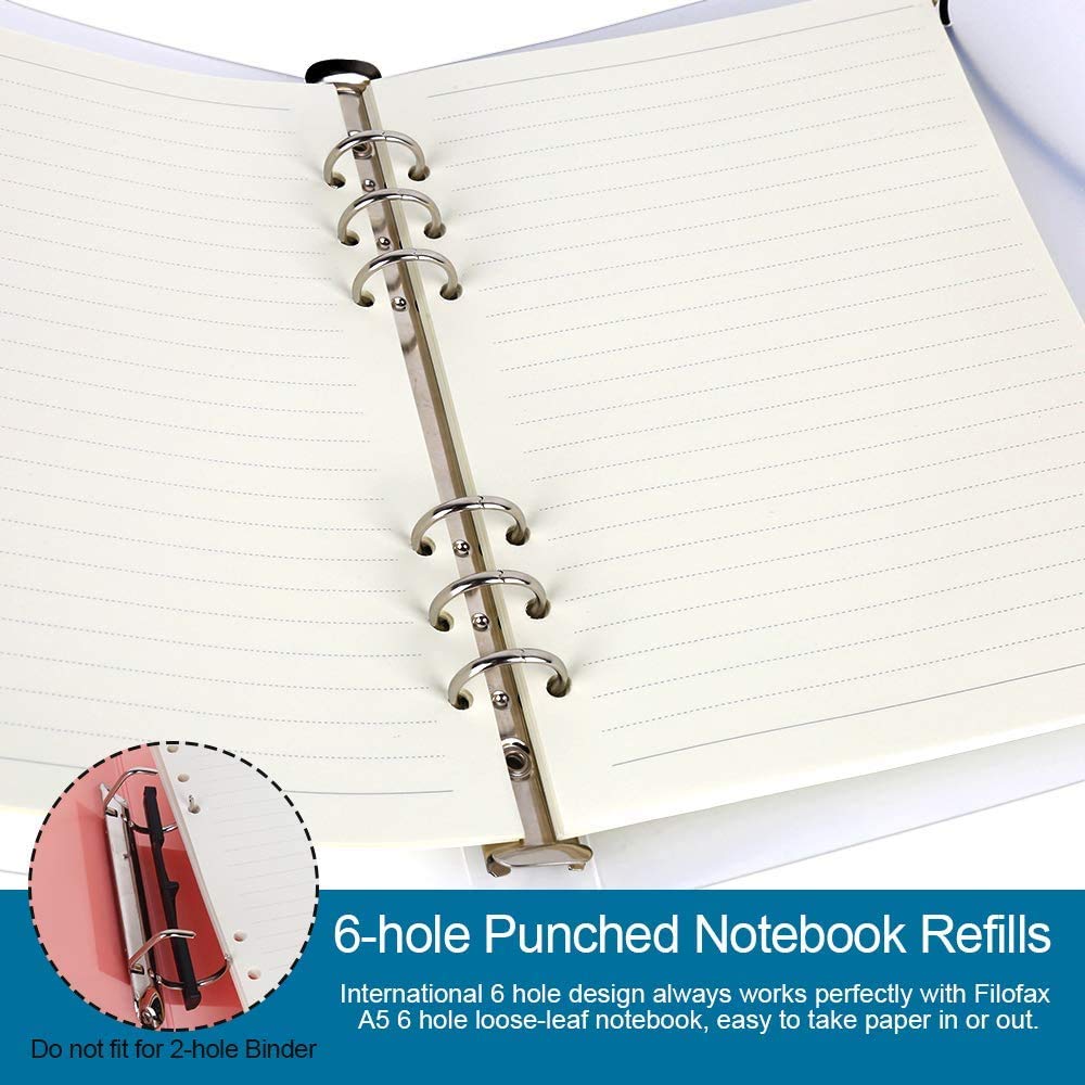 Premium A6 Refill Paper 3-Pack - 270 Lined Pages with 5 Color Binder Dividers, 160 Neon Sticky Index Flags & 2 A6 Binder Pockets - Compatible with 6-Ring Refillable Notebooks - Perfect for Journaling, Planning & Office Organization