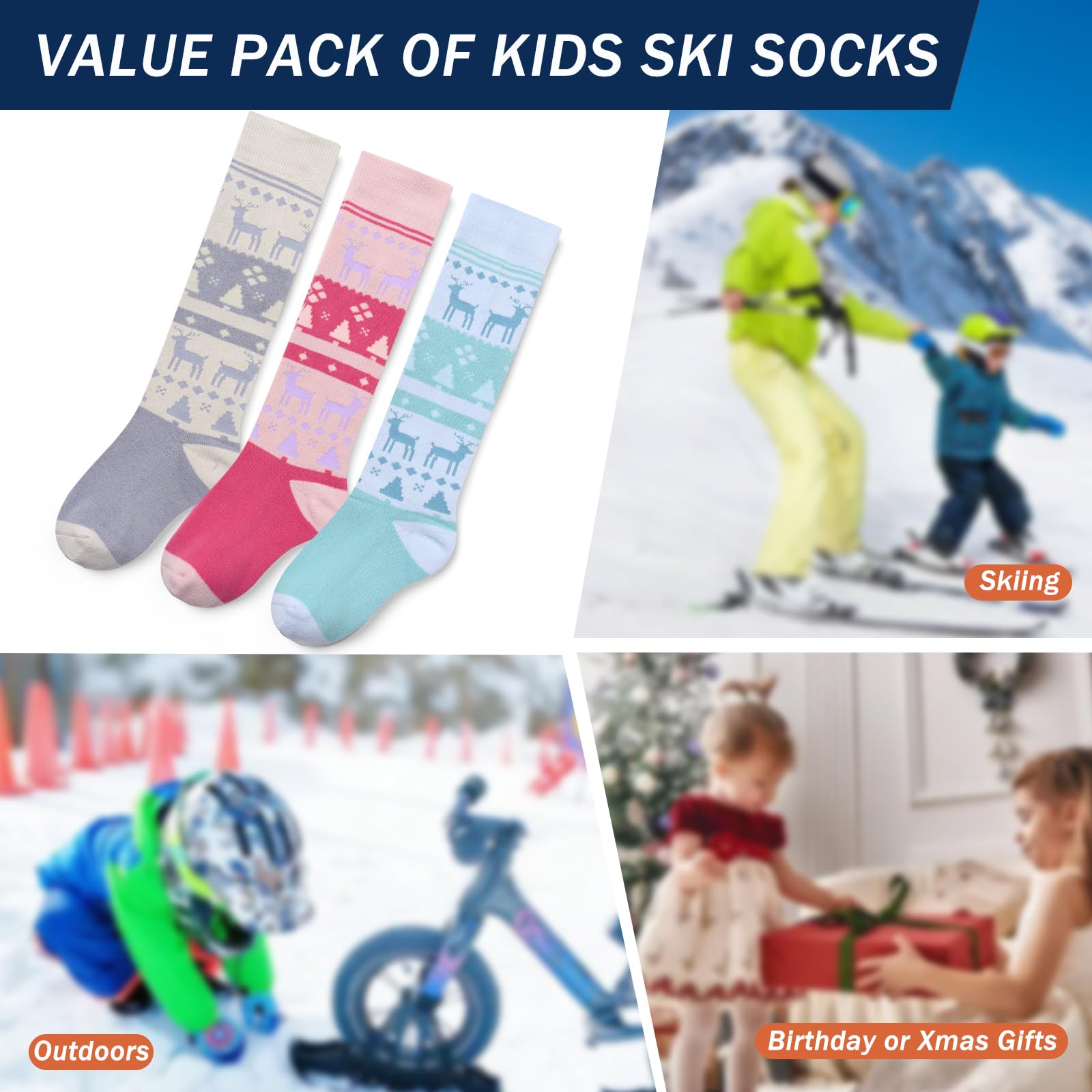 **Boys' Thermal Ski Socks - Warm Winter Long Socks for Kids - 3-Pack Cozy Multipack - Perfect for Snowboarding, Skiing & Cold Weather Activities**