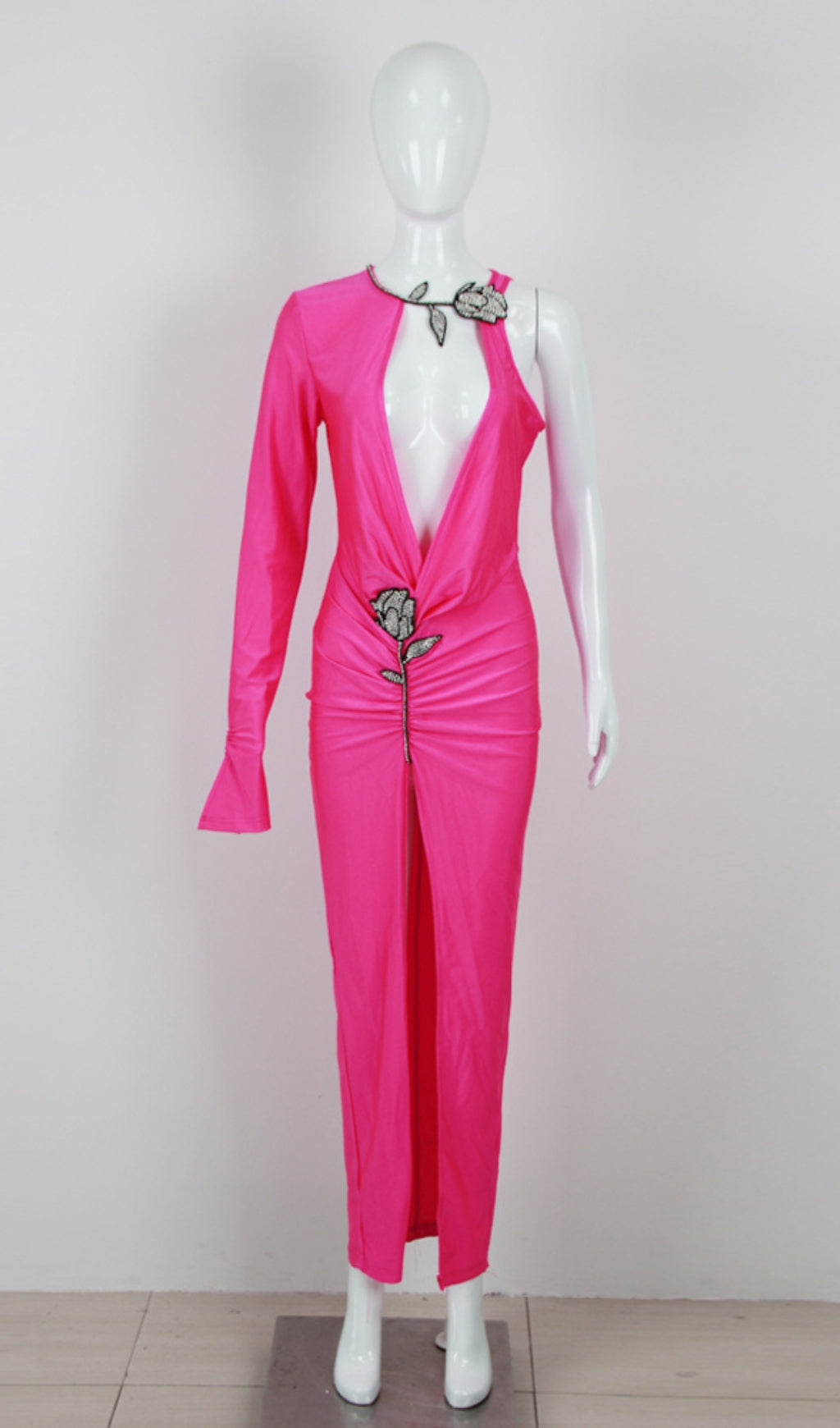Elegant Crystal Flower Cutout Ruched Dress for Women - Perfect for Weddings, Parties & Special Occasions