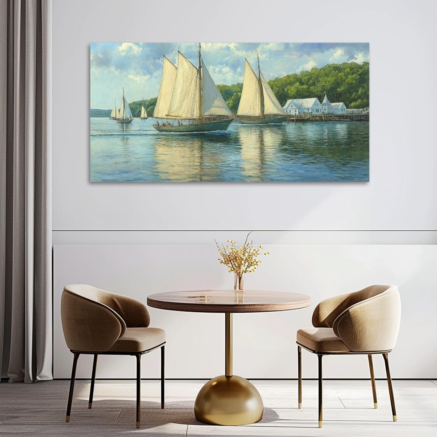 Framed Canvas Wall Art - Ocean Landscape Sailboat Abstract Painting 30