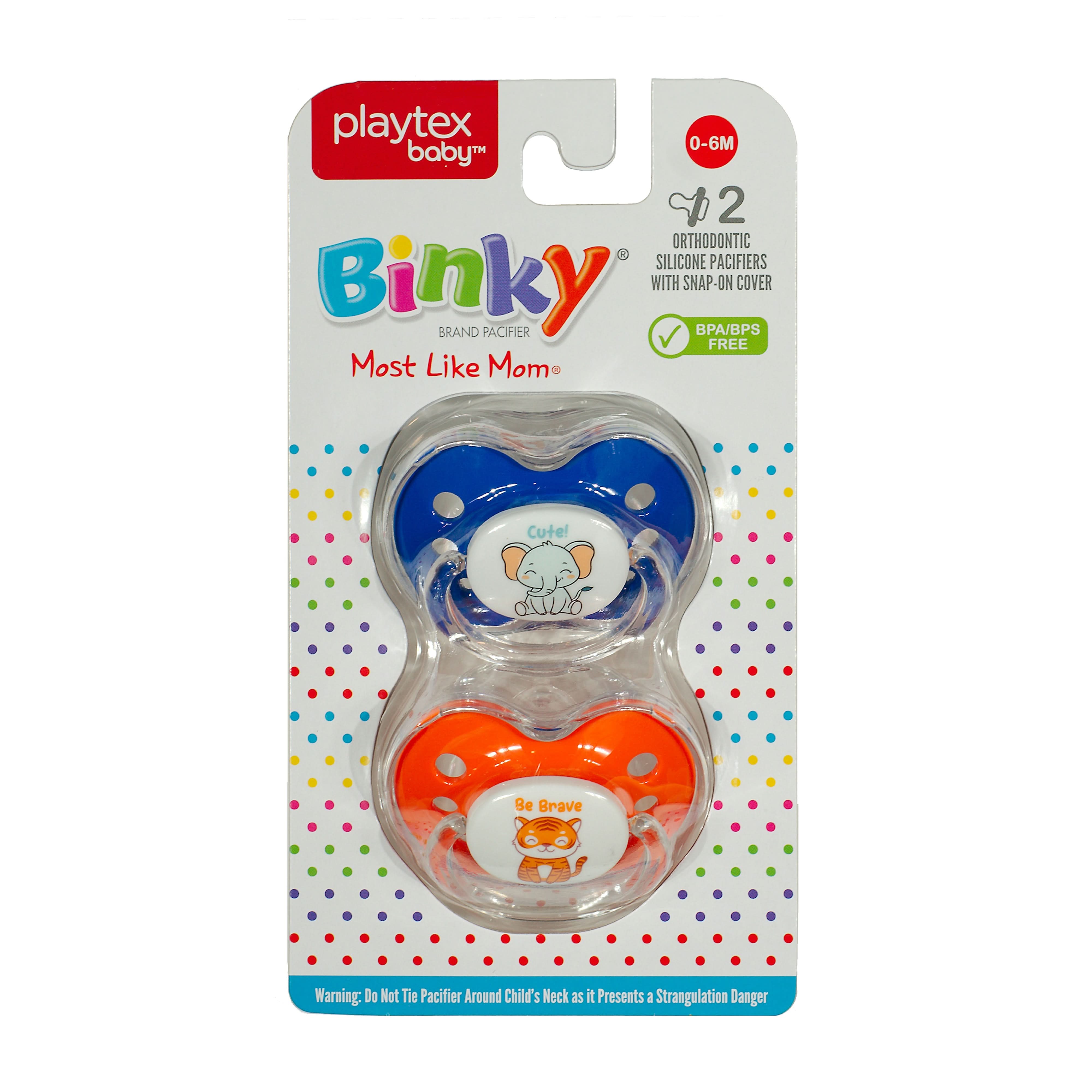 Binky® Orthodontic Pacifier with Snap-On Cover - Wild and Cuddly Series (Elephant & Tiger) - Soothing Baby Pacifier for Newborns & Infants - Perfect for Daycare, Travel & Bedtime Comfort