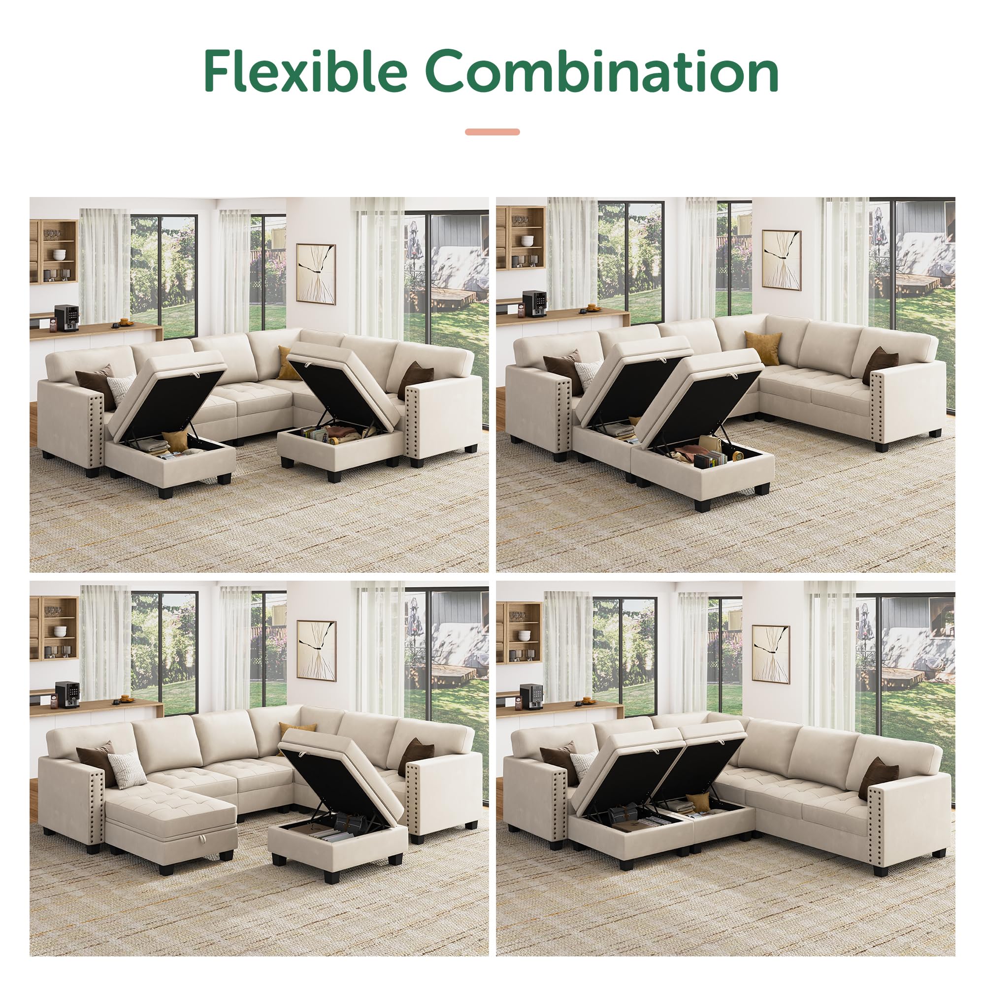 HONBAY Velvet Modular Sectional Sofa - L-Shaped Couch with Storage Ottoman & Top Tray, U-Shape Living Room Sofa Set in Beige | Perfect for Small Spaces, Apartments & Family Gatherings