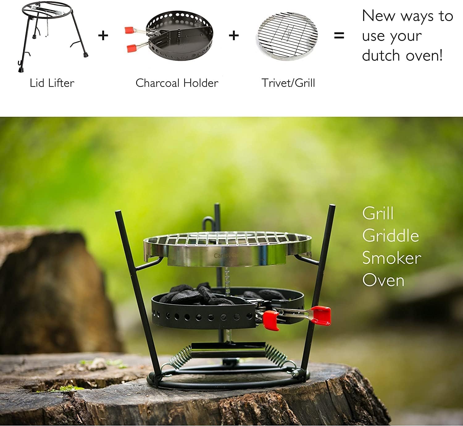 Premium 6-Piece Outdoor Cooking Set - Dutch Oven, Charcoal Holder & Cast Iron Grill Tools - Complete Camping Kitchen Equipment for Backyard BBQs, Picnics & Camping Trips