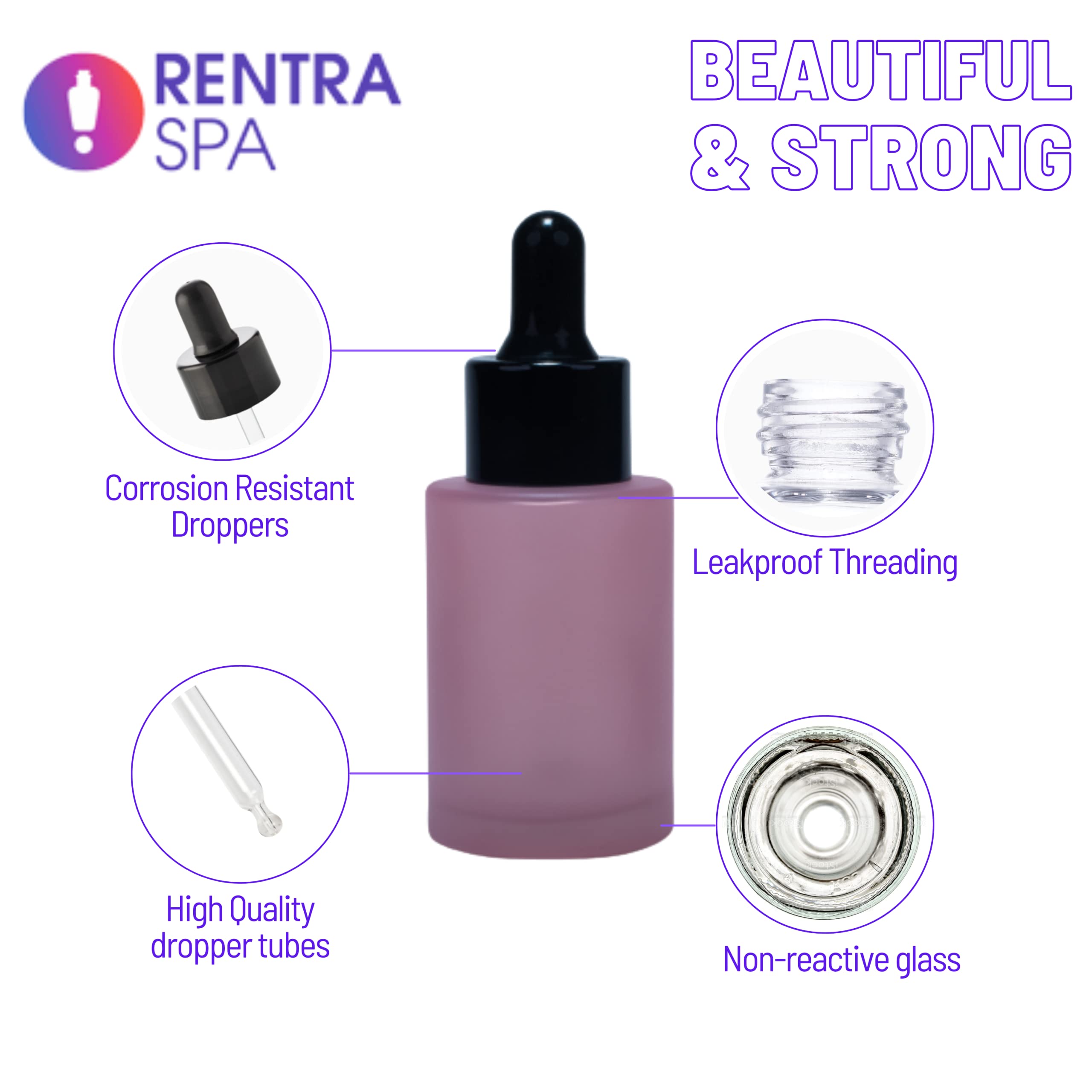 Rentra S.P.A 30ml Pink Frosted Glass Bottle with Glass Dropper, Black Ring & Silicone Teat - 3 Pack for Essential Oils, Carrier Oils, Cosmetic Serums & DIY Blends | Perfect for Aromatherapy, Skincare & Travel Use