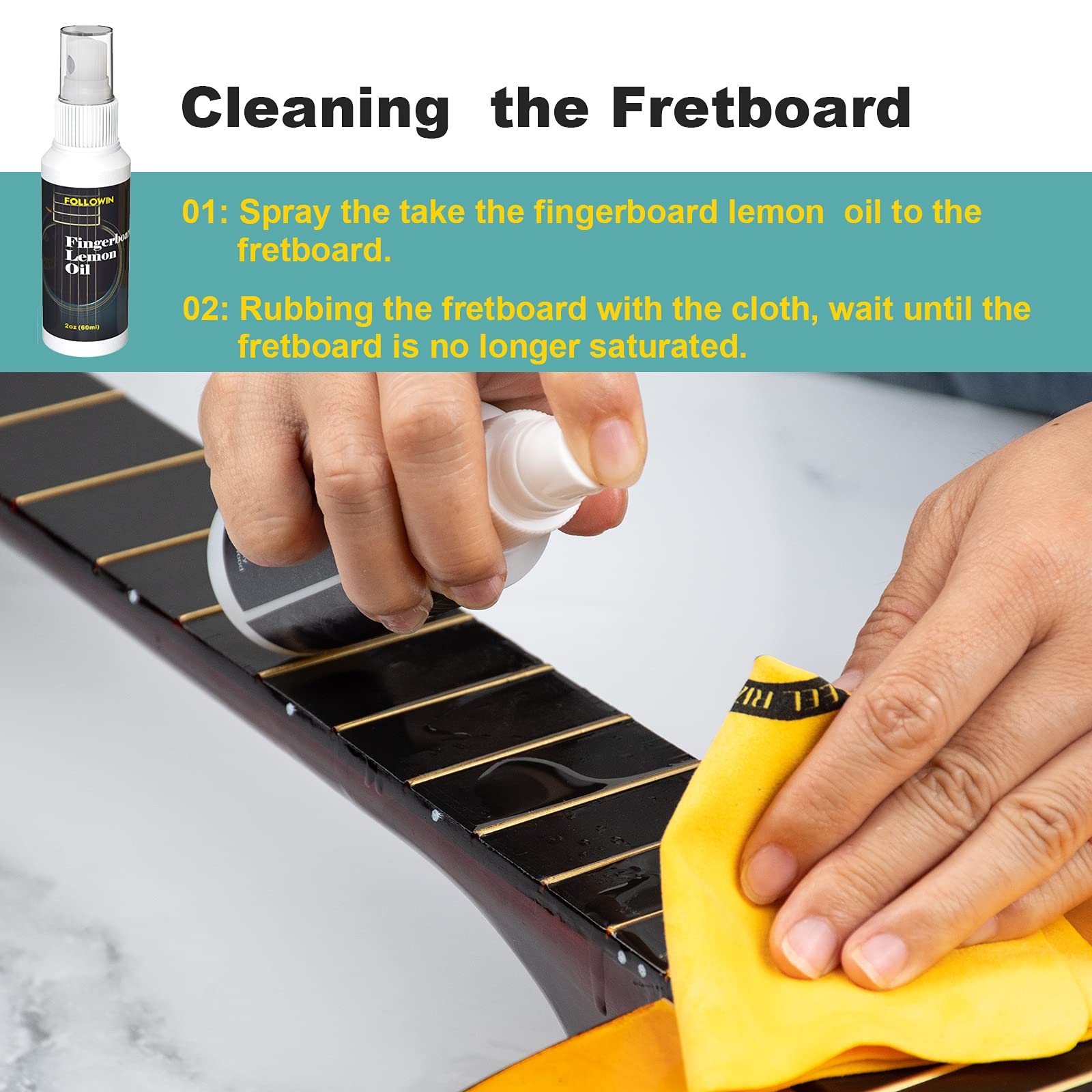 FOLLOWIN 7-Piece Guitar Cleaning & Maintenance Kit - Polish, Lemon Oil, String Cleaner, Lubricant, Wax, Winder & Microfiber Cloth - Perfect for Acoustic & Electric Guitar Care & Protection