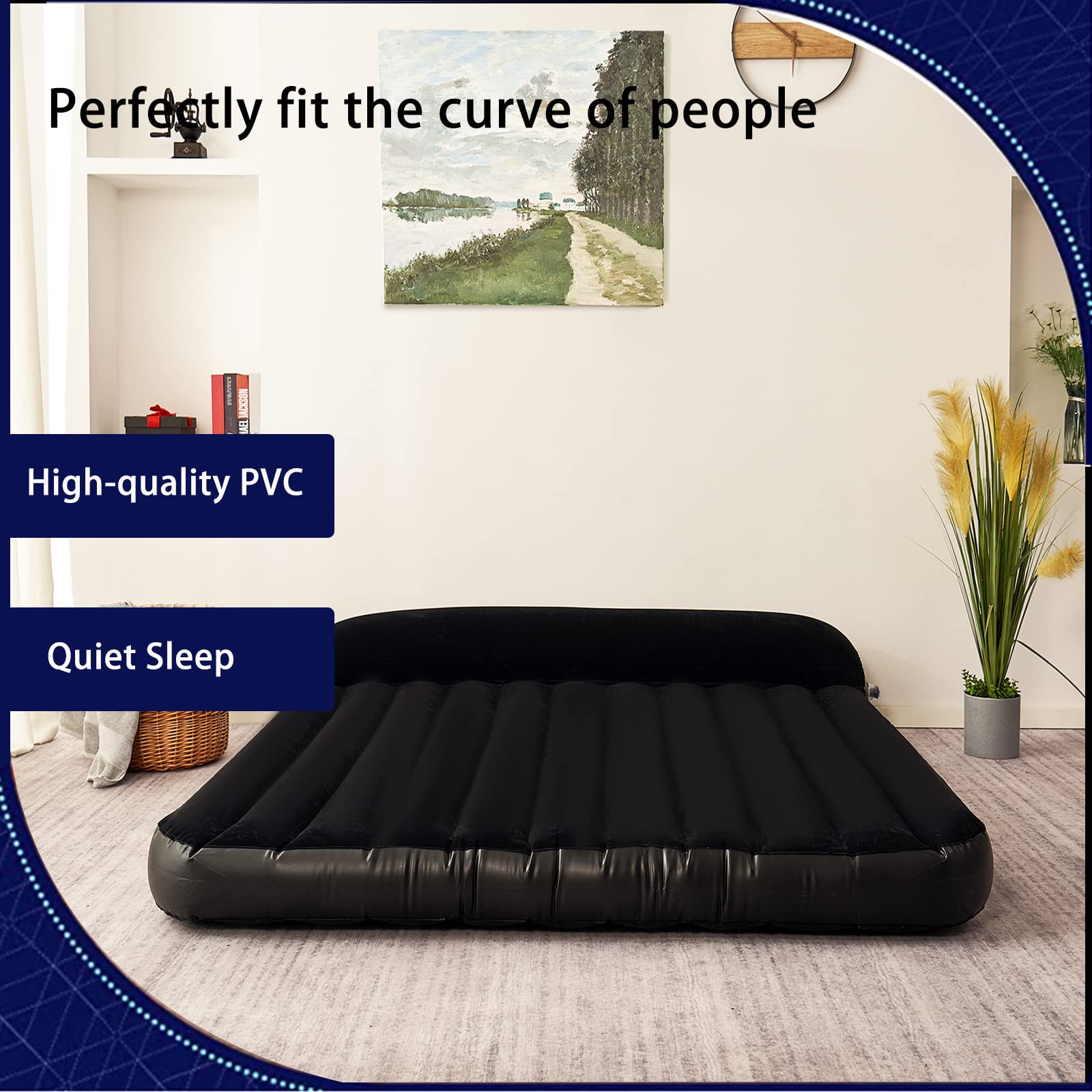Queen Size Air Mattress with Built-in Pump - Inflatable Bed for Home & Travel, Portable Blow Up Mattress with Pillow - Perfect for Guests, Camping & Emergency Use (Black)