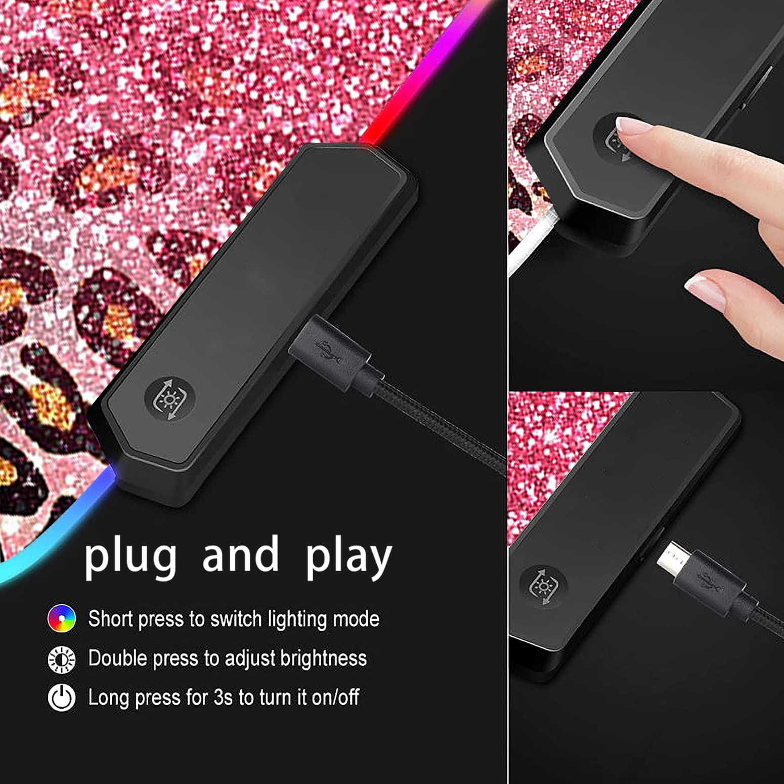 RGB Gaming Mouse Pad with LED Lights - Large Non-Slip Waterproof Desk Mat for Keyboard & Mouse - Pink Glitter Leopard Design - Perfect for PC Gaming, Office Work & Streaming Setup