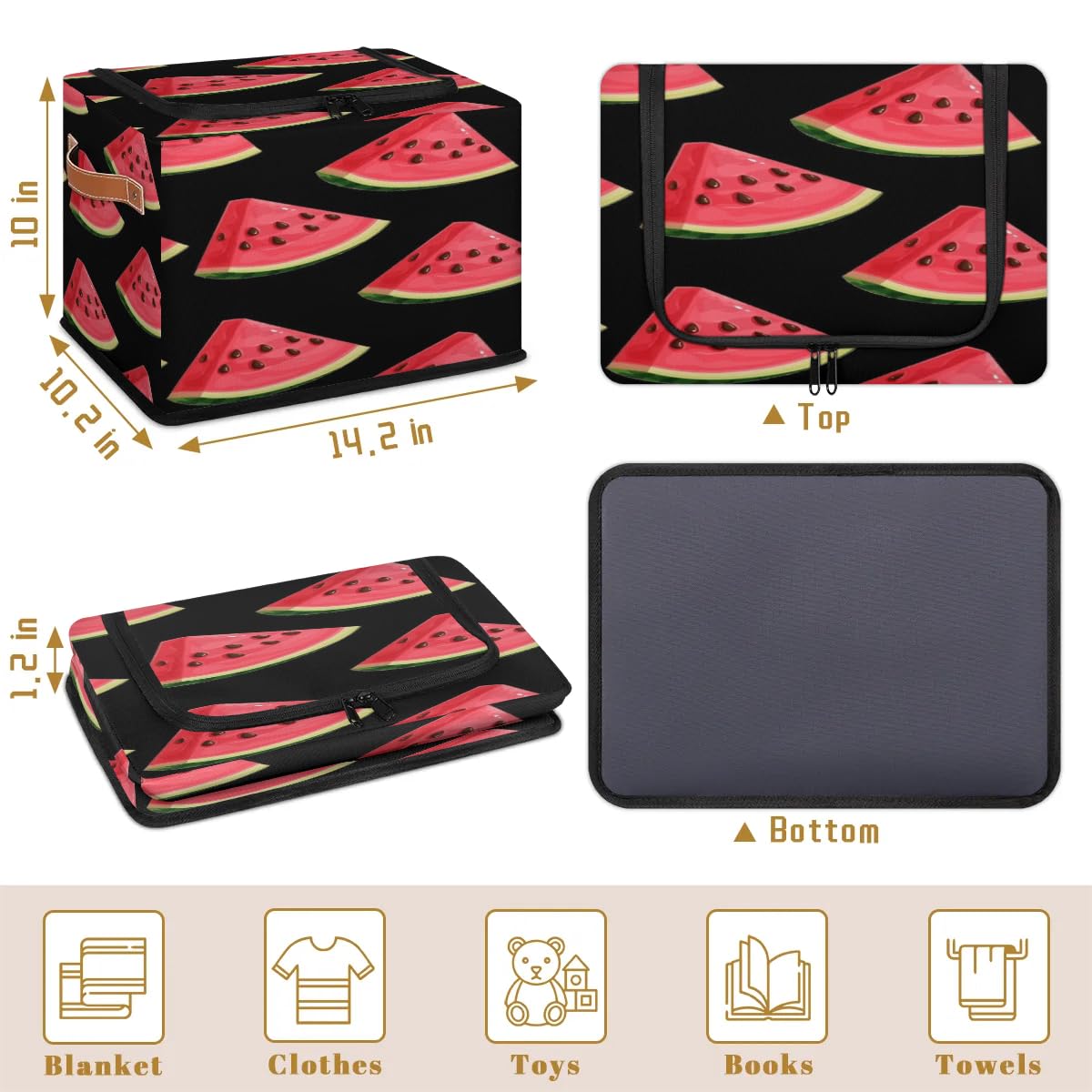 Watermelon Pattern Foldable Storage Bins with Zipper Lid - 2 Pack Fabric Storage Baskets for Clothes, Blankets, Toys | Collapsible Closet Organizer with Handles | Perfect for Bedroom, Nursery, and Playroom Organization