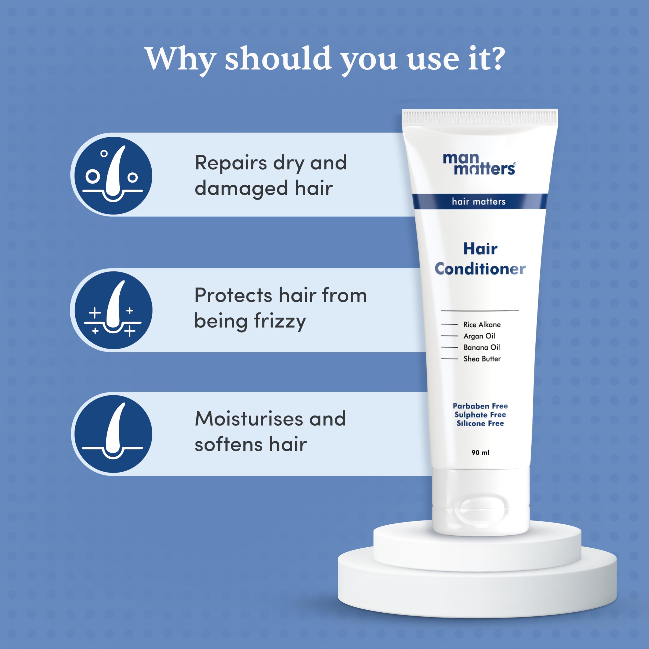 Man Matters Hair Conditioner 90ml with Rice Alkane, Banana Oil, Shea Butter & Argan Oil - Sulfate & Paraben Free for Dry, Damaged Hair Repair, Frizz Reduction & Deep Moisturizing - 1 Count - Perfect for Daily Hair Care & Salon-Quality Results at Home