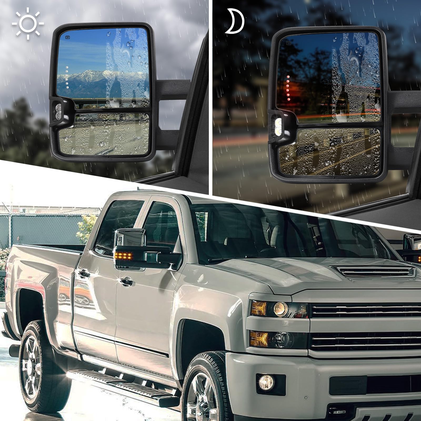 Heated Power-Adjustable Towing Mirrors for 2014-2018 Chevy Silverado & GMC Sierra 1500/2500/3500 HD - Chrome Back with Running Lights & Turn Signals - Perfect for Towing, Off-Roading & Night Driving