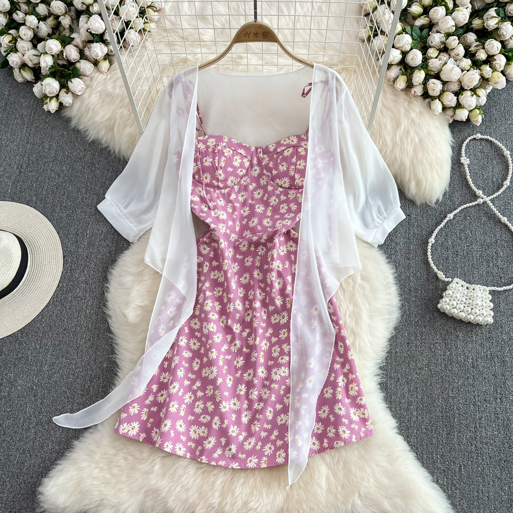 2023 Summer Floral Spaghetti Strap Dress Two Piece Set - Women's Floral Print Crop Top & Skirt Outfit for Beach, Vacation & Date Night