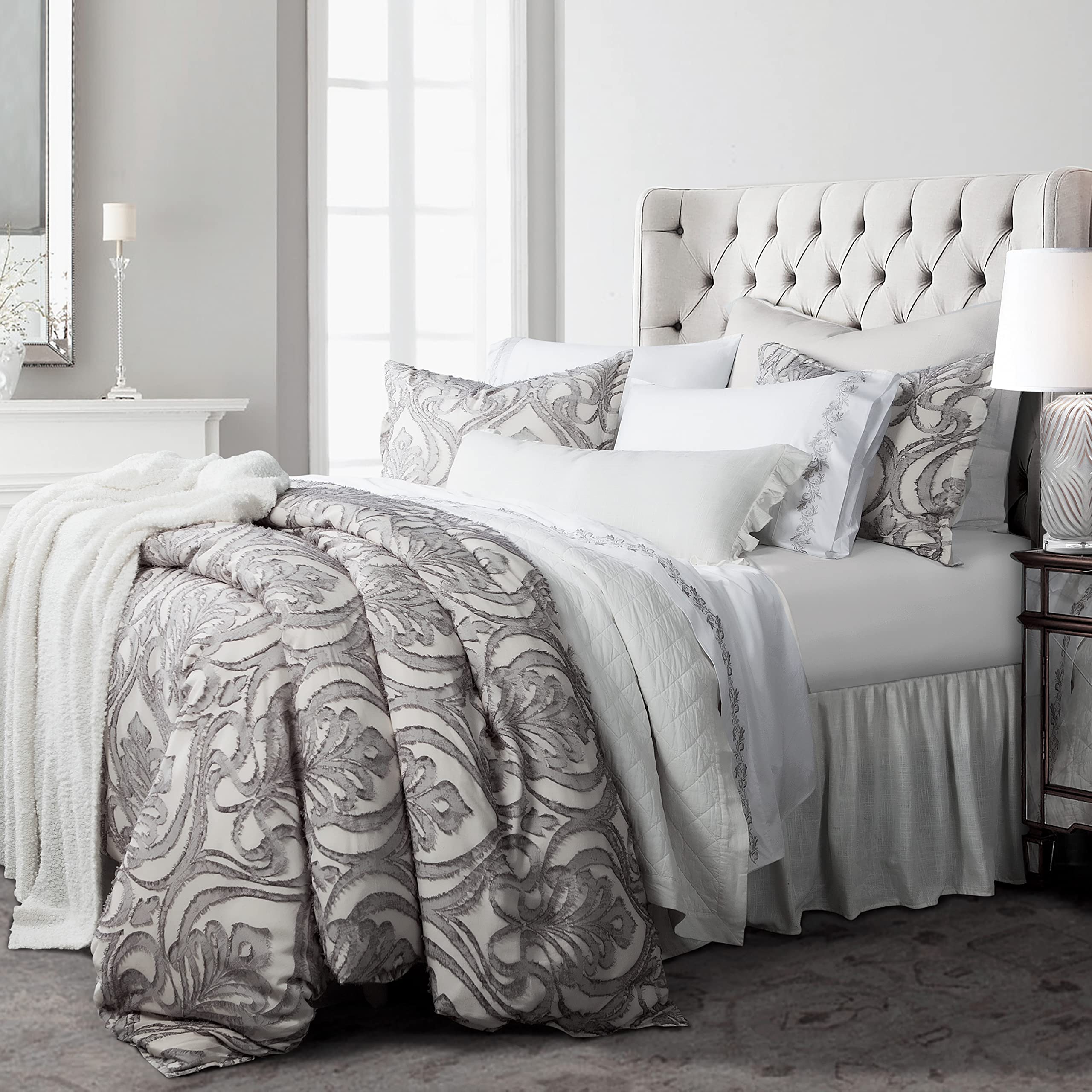 Luxury Nicole 3-Piece Comforter Set with Pillow Shams - Super Queen Size, Gray Damask Pattern, Shabby Chic Style Bedding (1 Comforter + 2 Pillowcases) for Romantic & Traditional Bedroom Decor | Perfect for Master Bedrooms, Guest Rooms & Cozy Retreats