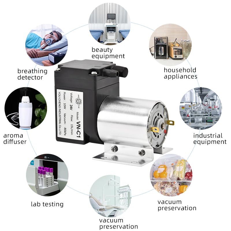 12V/24V 10W Mini DC Air Pump - 80KPa Vacuum Pressure, 15L/Min Flow Rate, Oil-Free & Silent Diaphragm Pump (VN-C1 Brushless Motor) for Aquariums, Medical Devices, and DIY Vacuum Systems