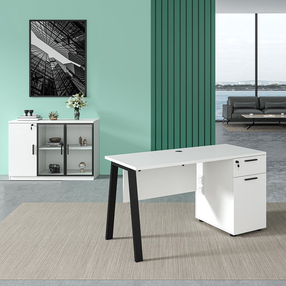 ASPEN Single Workstation 140cm White & Black - Modern Office Desk for Home & Business Workspaces | Perfect for Remote Work, Study & Small Office Setup