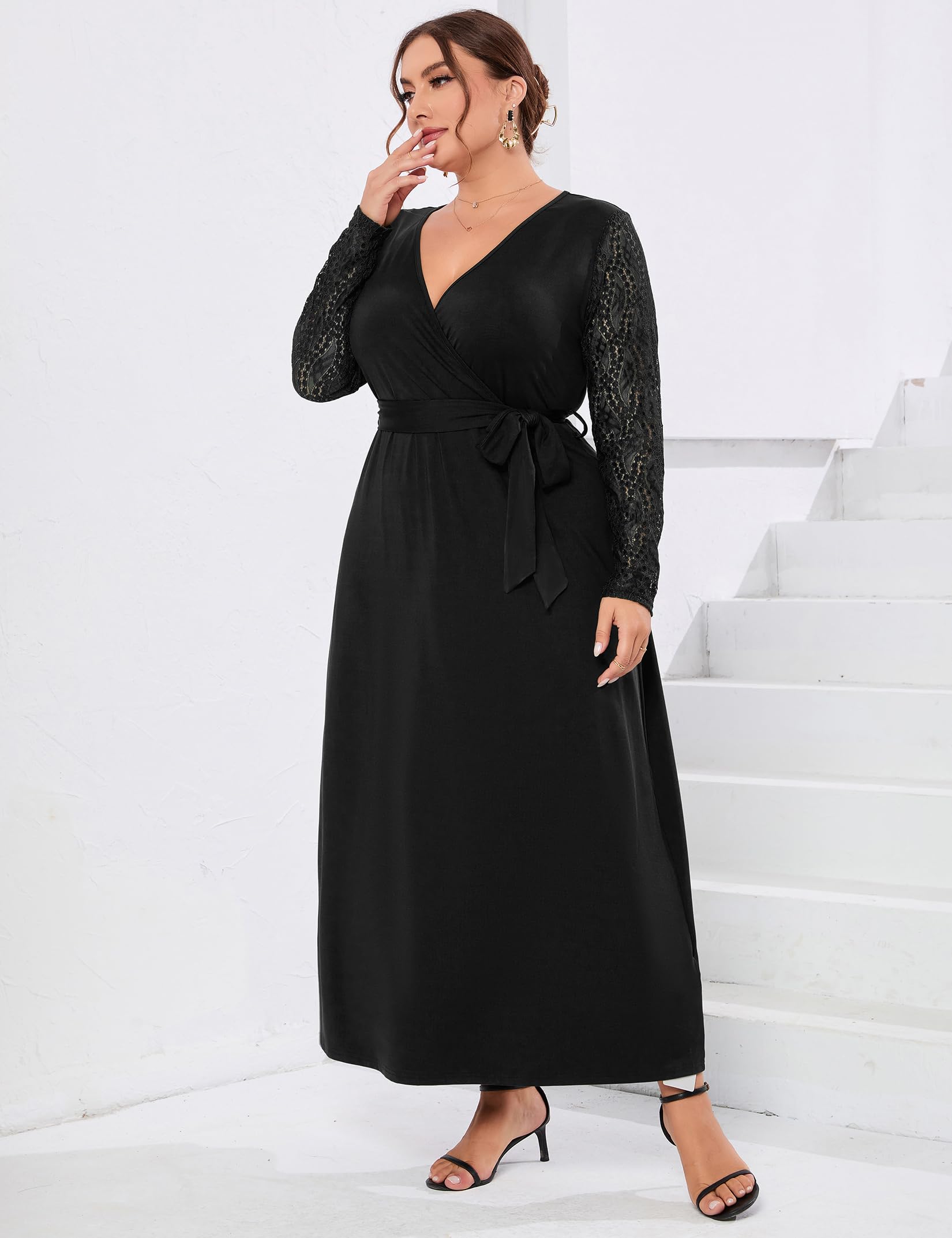 **ShopWonder Plus Size Summer Wrap Dress for Women - V Neck Lace Formal Maxi Dress for Wedding Guest, Beach Party & Special Occasions**