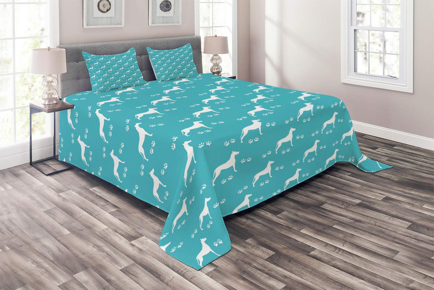 Ambesonne Dog Lover Quilt Set - Monochrome Dog Silhouettes & Paw Prints 3-Piece Bedspread with 2 Pillow Shams, King Size Turquoise White | Cozy Bedroom Decor for Pet Lovers, Perfect Gift for Dog Owners