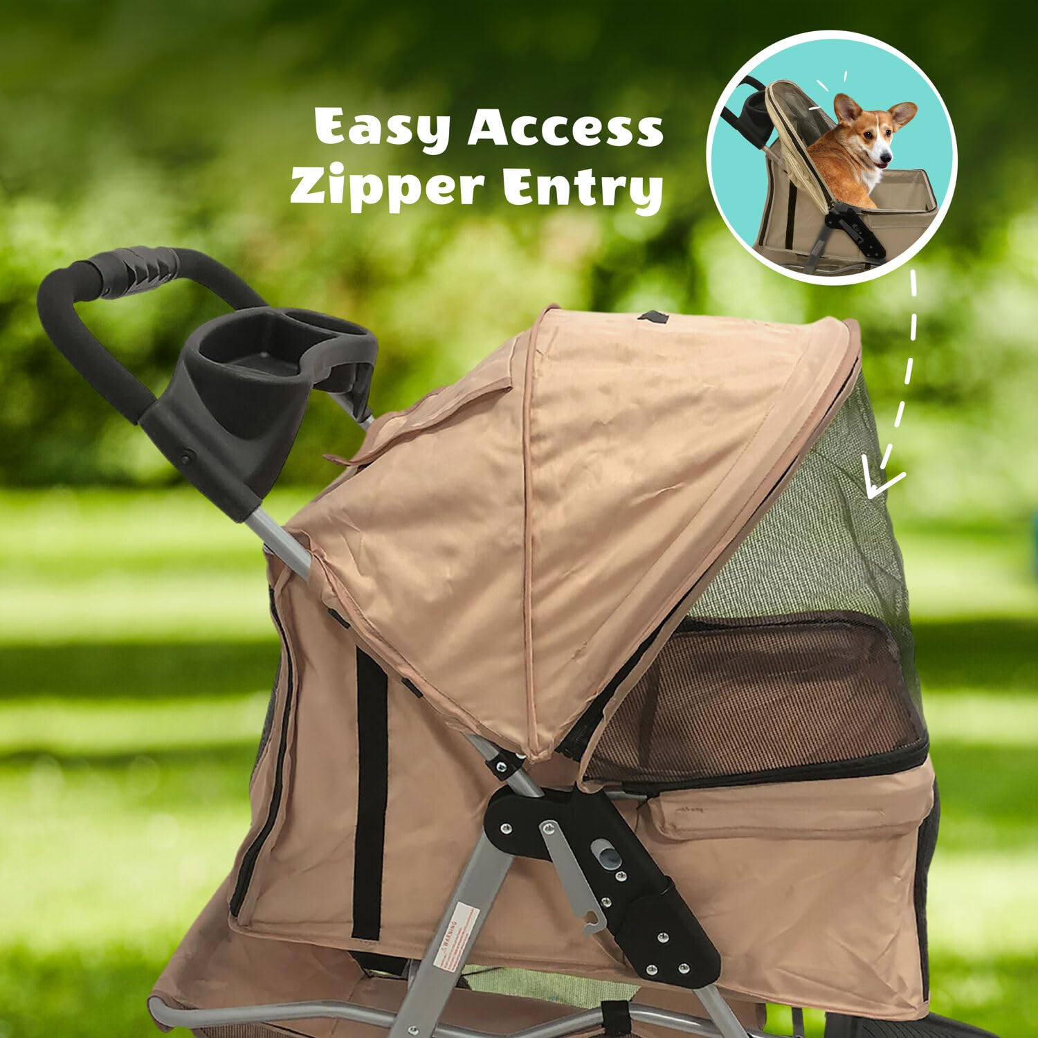 Critter Sitters 3-Wheel Jogging Dog Stroller with Storage Basket & Cup Holders - Modern Pet Stroller for Medium/Large Dogs up to 55lbs - Lightweight Puppy Stroller for Daily Walks, Park Visits & Outdoor Adventures (Tan)