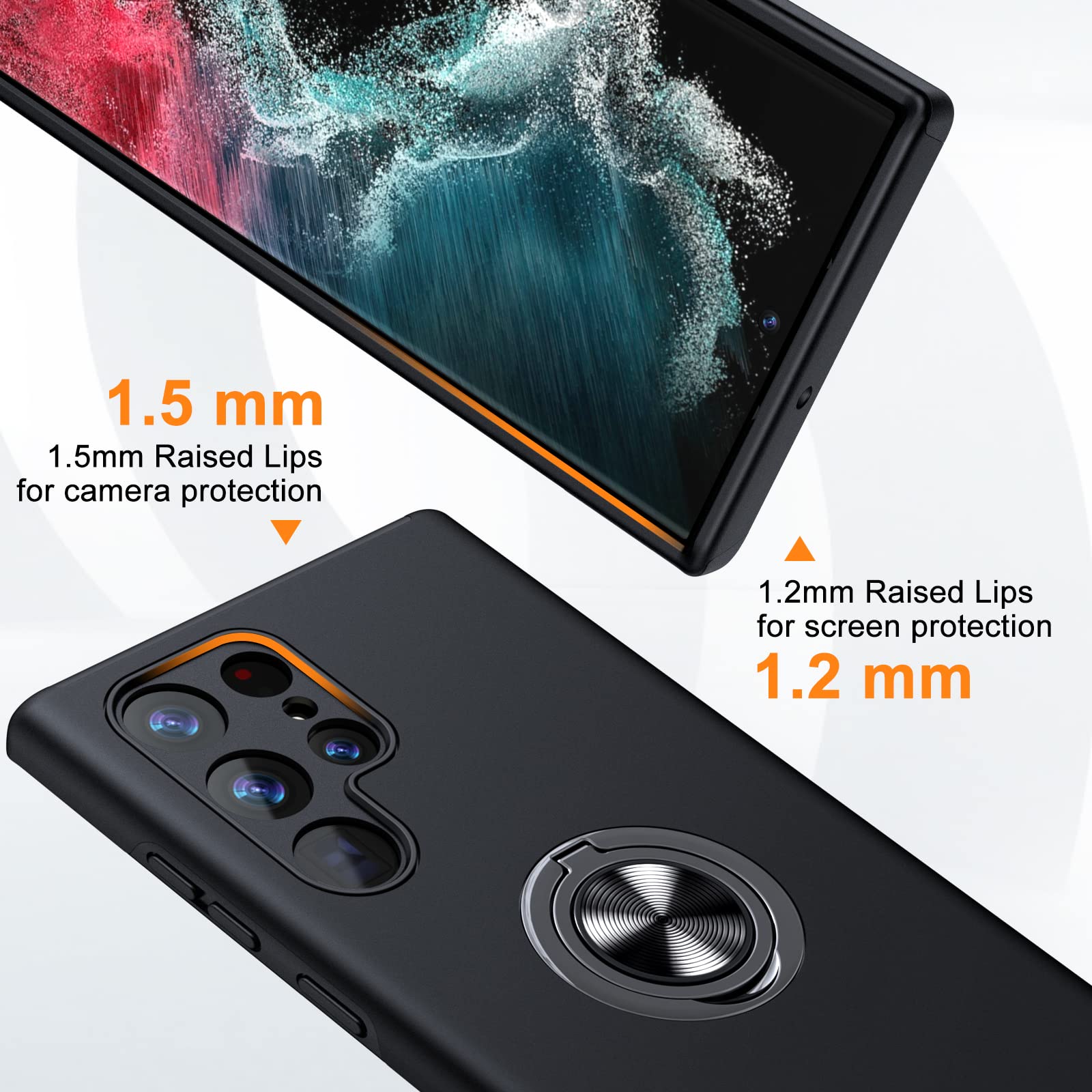 Slim Soft Bumper Protective Case for Samsung Galaxy S22 Ultra with Invisible Ring Holder & Kickstand - Black | Perfect for Daily Use, Travel & Hands-Free Viewing