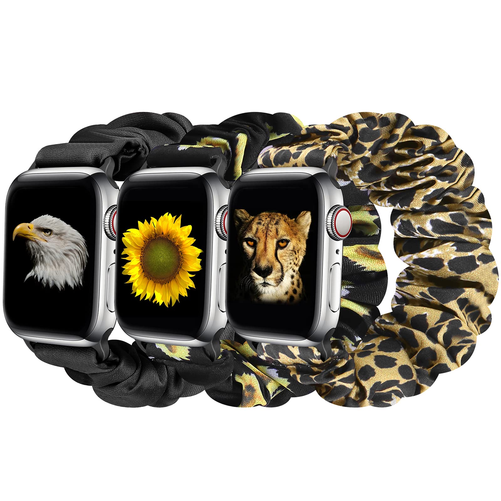 Tiptops 3 Pack Apple Watch Bands for Women - Soft Fabric Scrunchies Wristbands Compatible with iWatch Ultra 2, Series 10/9/8/7/6/5/4/3/2/1/SE (38mm-49mm) - Stylish Printed Cloth Straps for Workout, Yoga & Everyday Wear